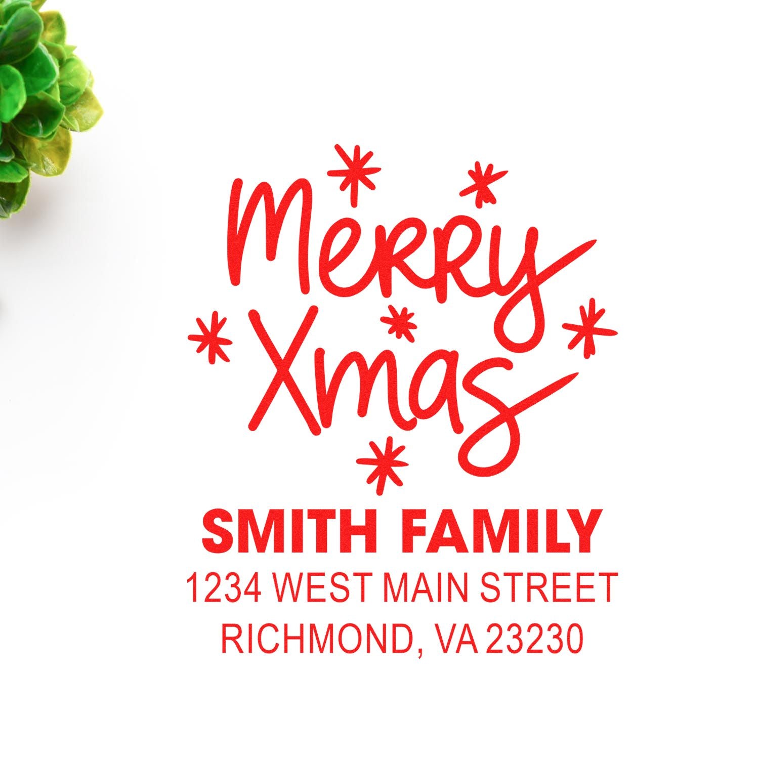 Custom Merry Xmas rubber stamp with Smith Family address, ideal for holiday cards and festive mailings.