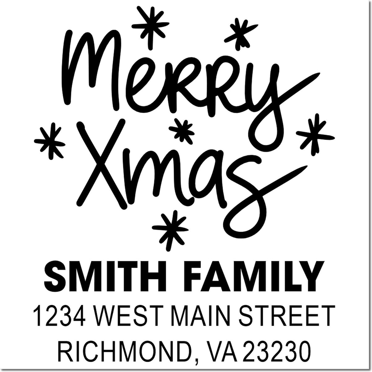 Custom Merry Xmas rubber stamp with Smith Family name and return address for holiday cards and festive mailings.