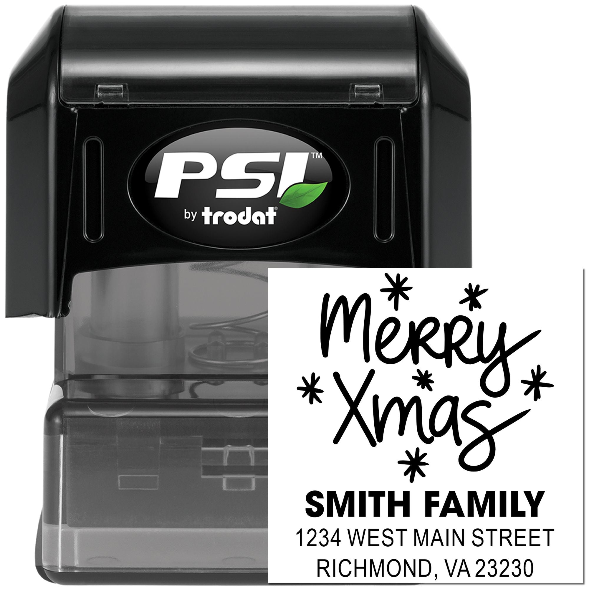 PSI by Trodat self-inking rubber stamp showing a custom Merry Xmas Smith Family return address imprint.