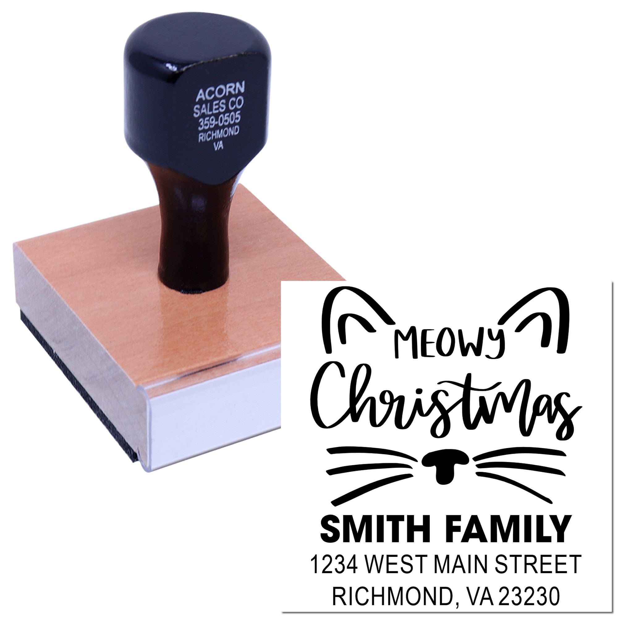 Custom rubber address stamp with Meowy Christmas cat design for holiday mail and personalized family return addresses
