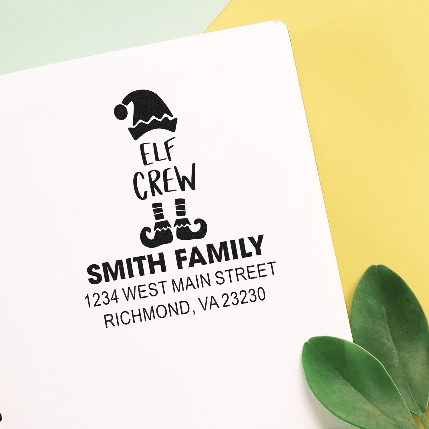 Custom Elf Crew family return address rubber stamp with Christmas elf design, Smith Family name, and Richmond, VA address