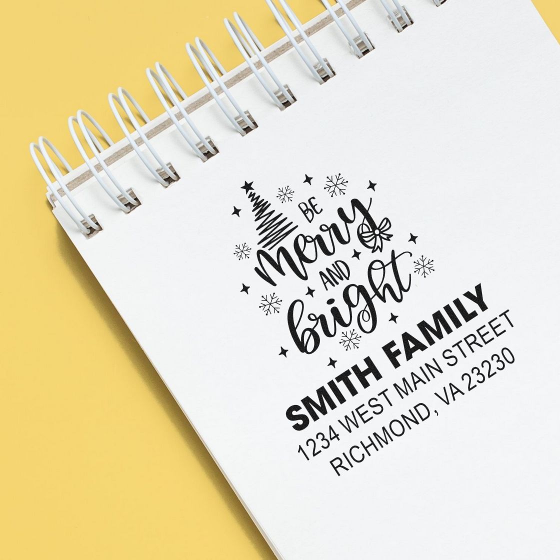 Custom Christmas rubber stamp design with Be Merry and Bright and Smith Family return address.