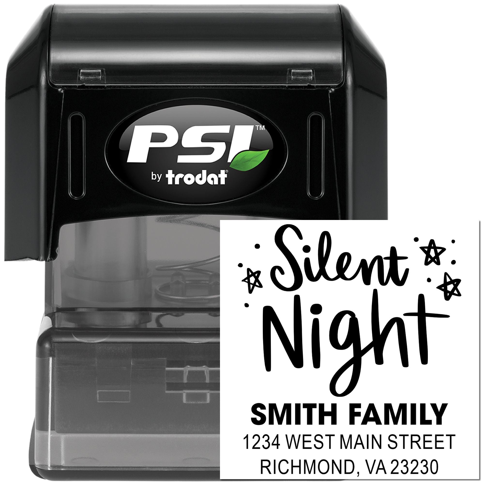 PSI by Trodat self-inking rubber stamp with Silent Night custom return address for holiday cards and envelopes
