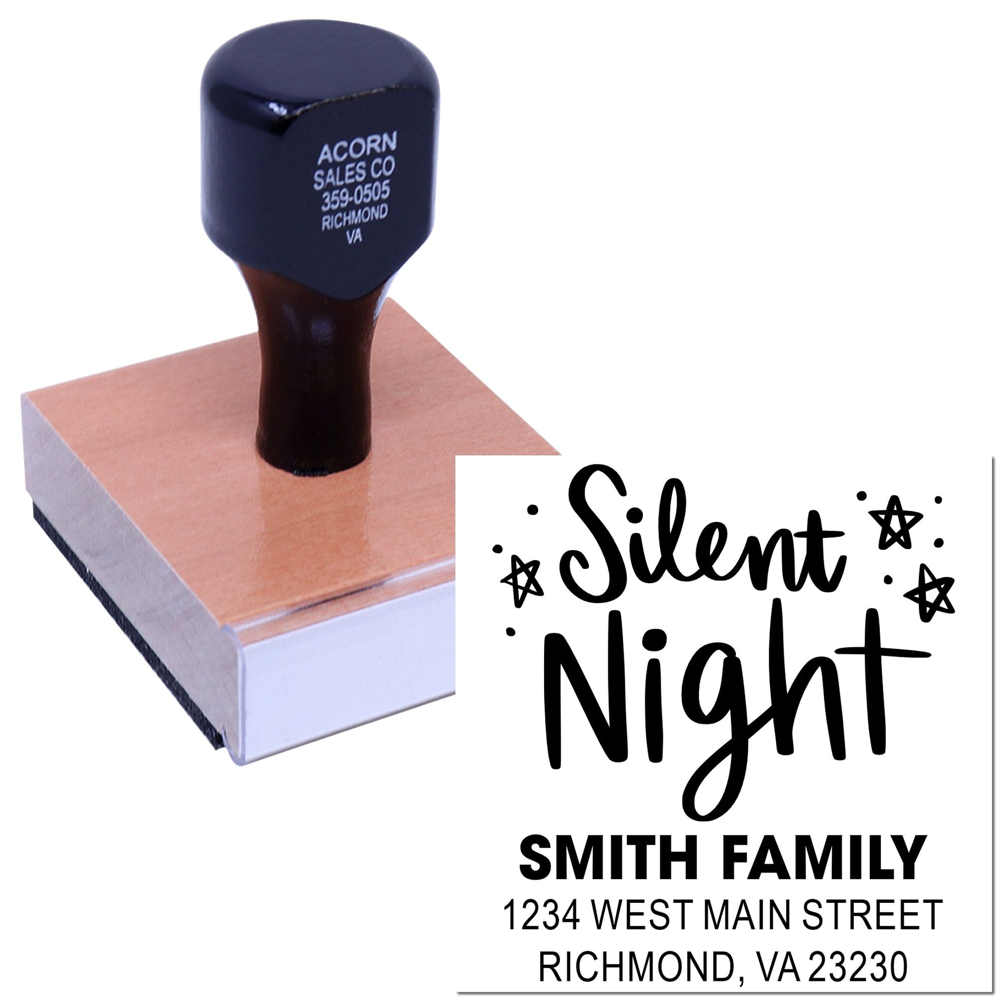 Custom Silent Night family address rubber stamp for personalized return address imprinting and holiday mailing.