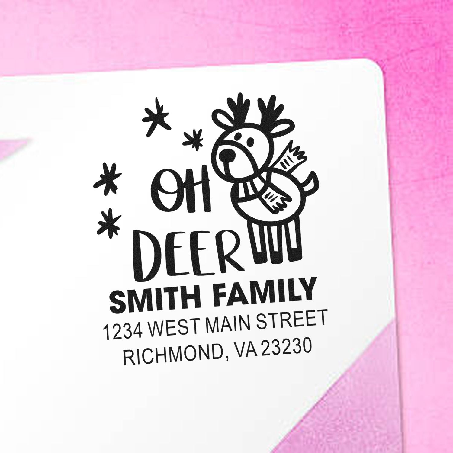 Personalized holiday return address rubber stamp with reindeer and Oh Deer design for the Smith family.