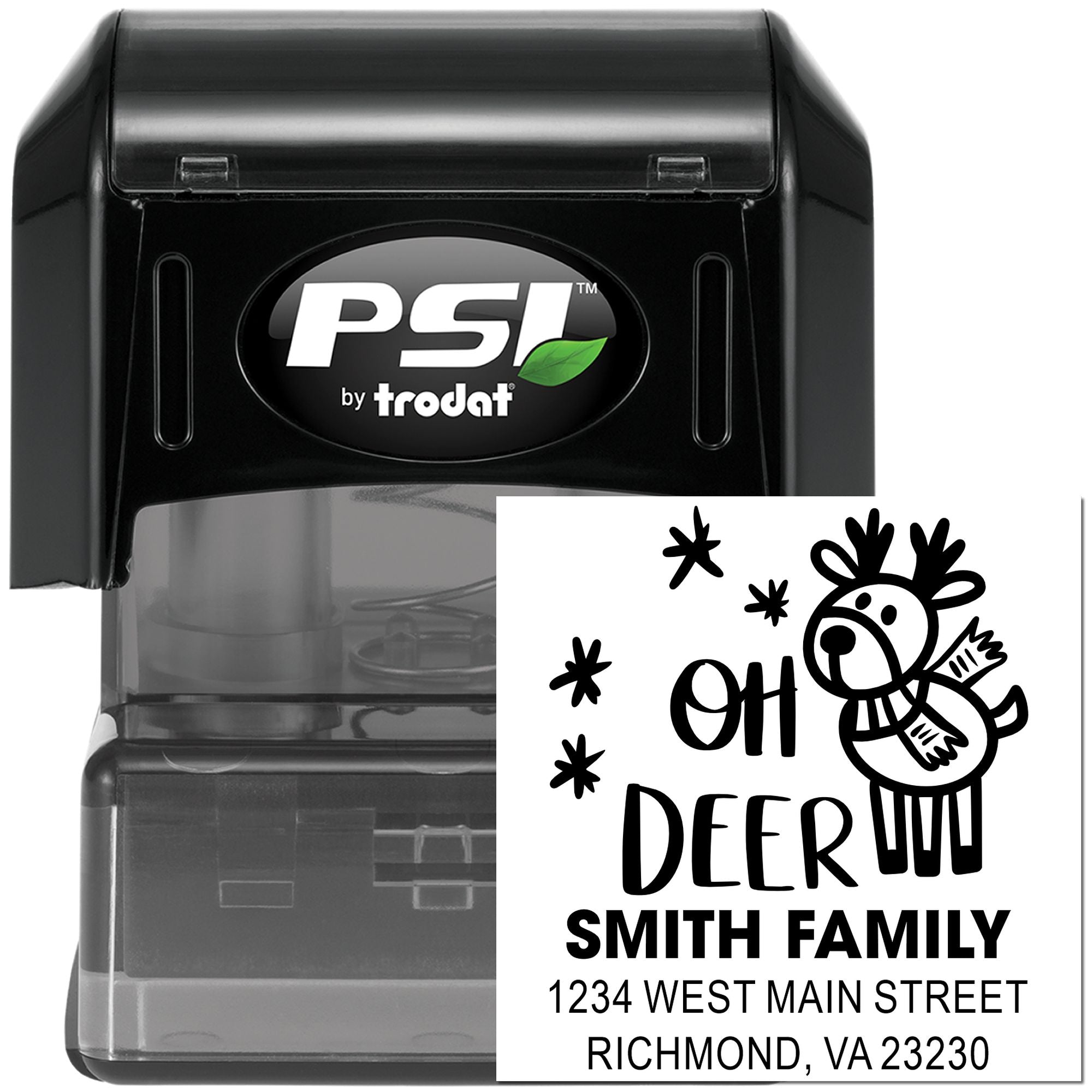 Custom self-inking address stamp with deer holiday design, PSI by Trodat rubber stamp for family mailing labels