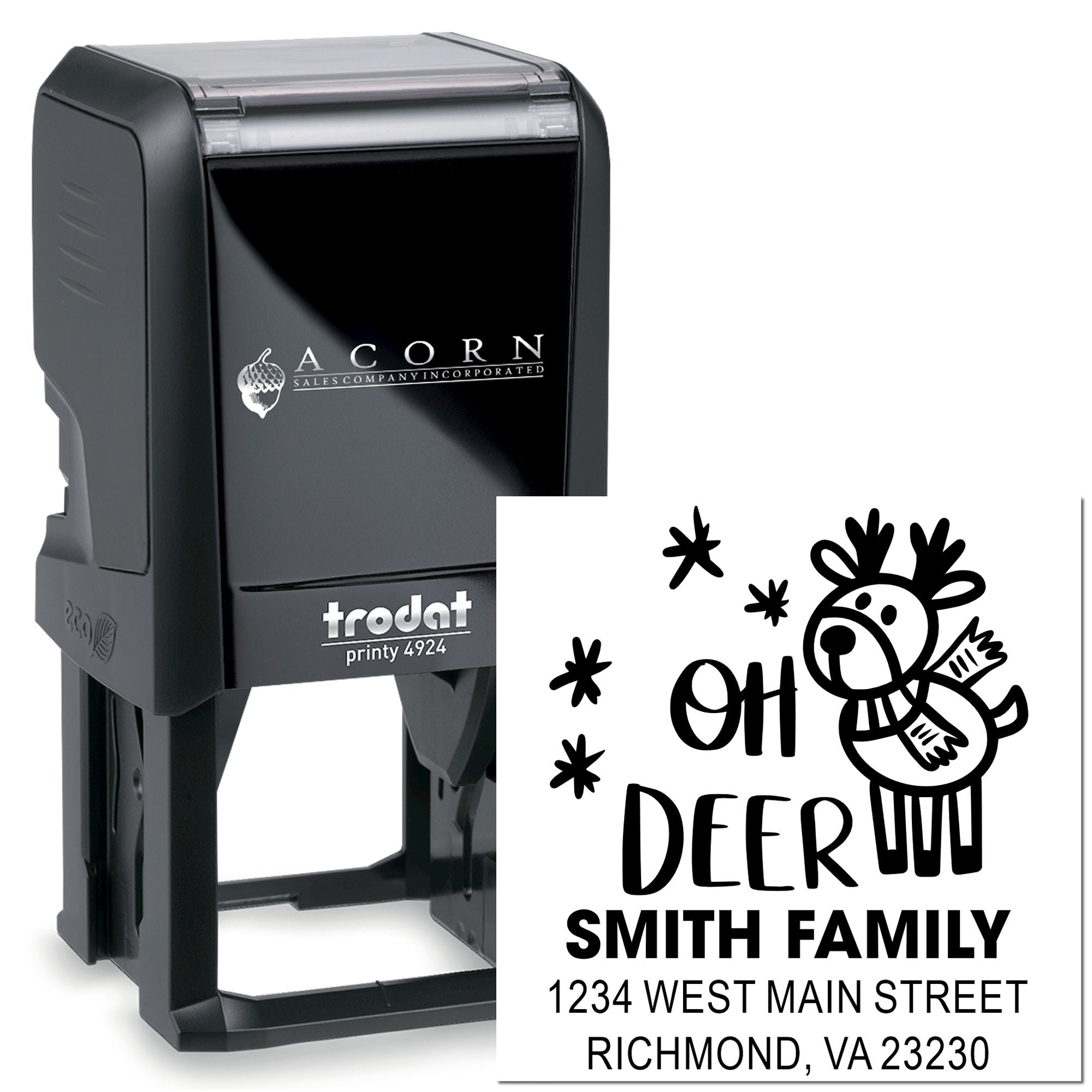 Custom Trodat self-inking rubber stamp with Oh Deer deer graphic and family address imprint