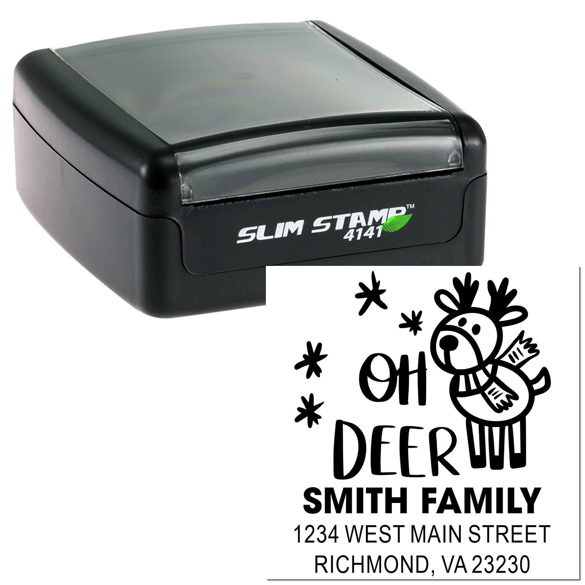 Custom self-inking rubber address stamp with Oh Deer deer design for family return address labeling.