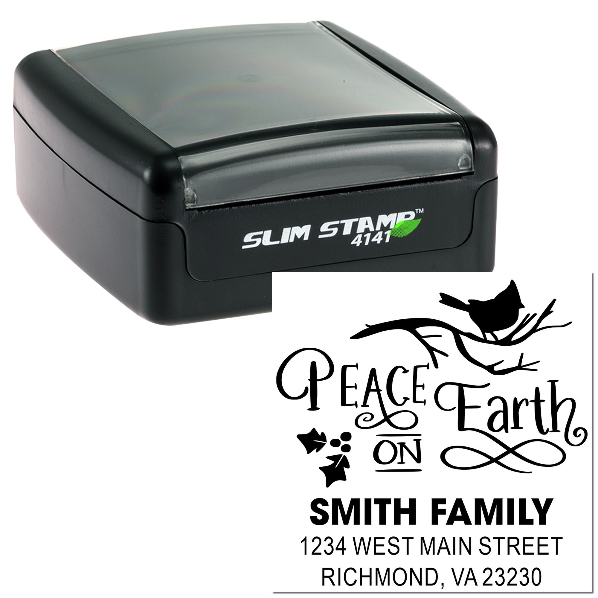 Custom self-inking rubber stamp with Peace on Earth design and Smith family return address.