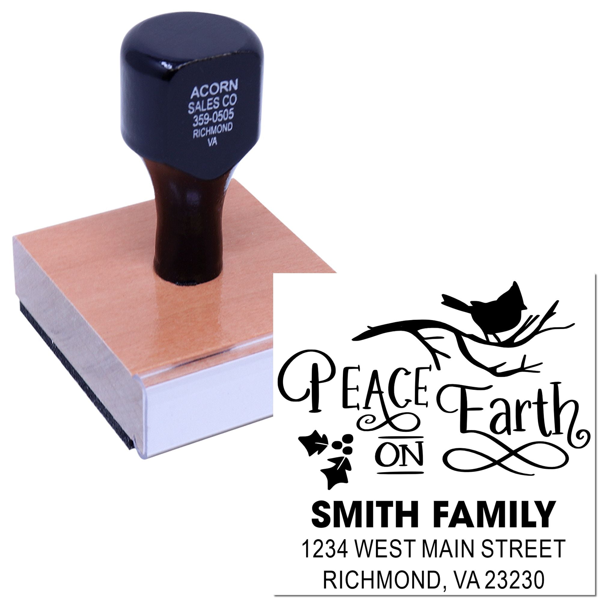 Custom return address rubber stamp with Peace on Earth family design and Smith family mailing address.