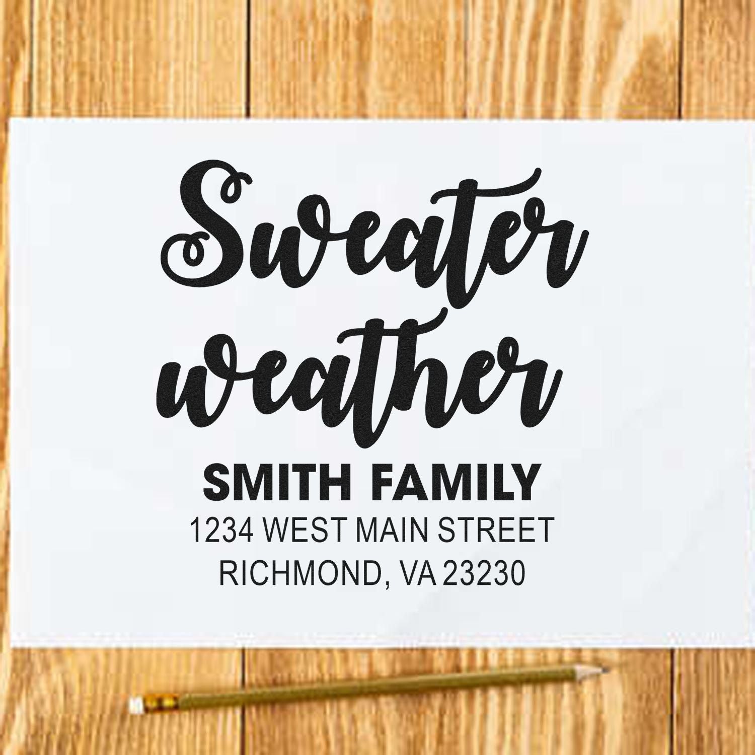Personalized address rubber stamp with Sweater Weather script and Smith Family return address for seasonal mailings.