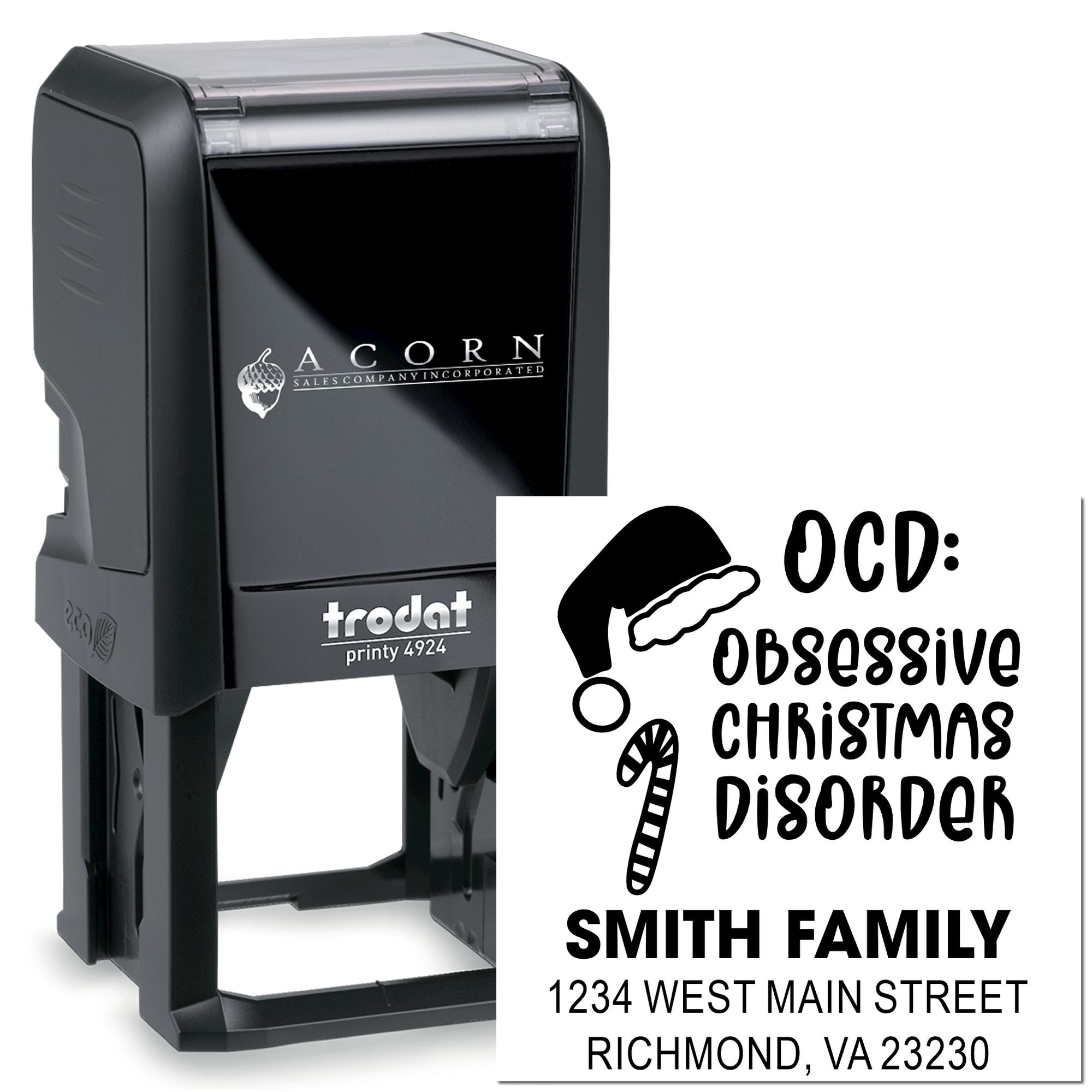 Custom self-inking rubber stamp with holiday return address design reading OCD: Obsessive Christmas Disorder for Smith family mail.