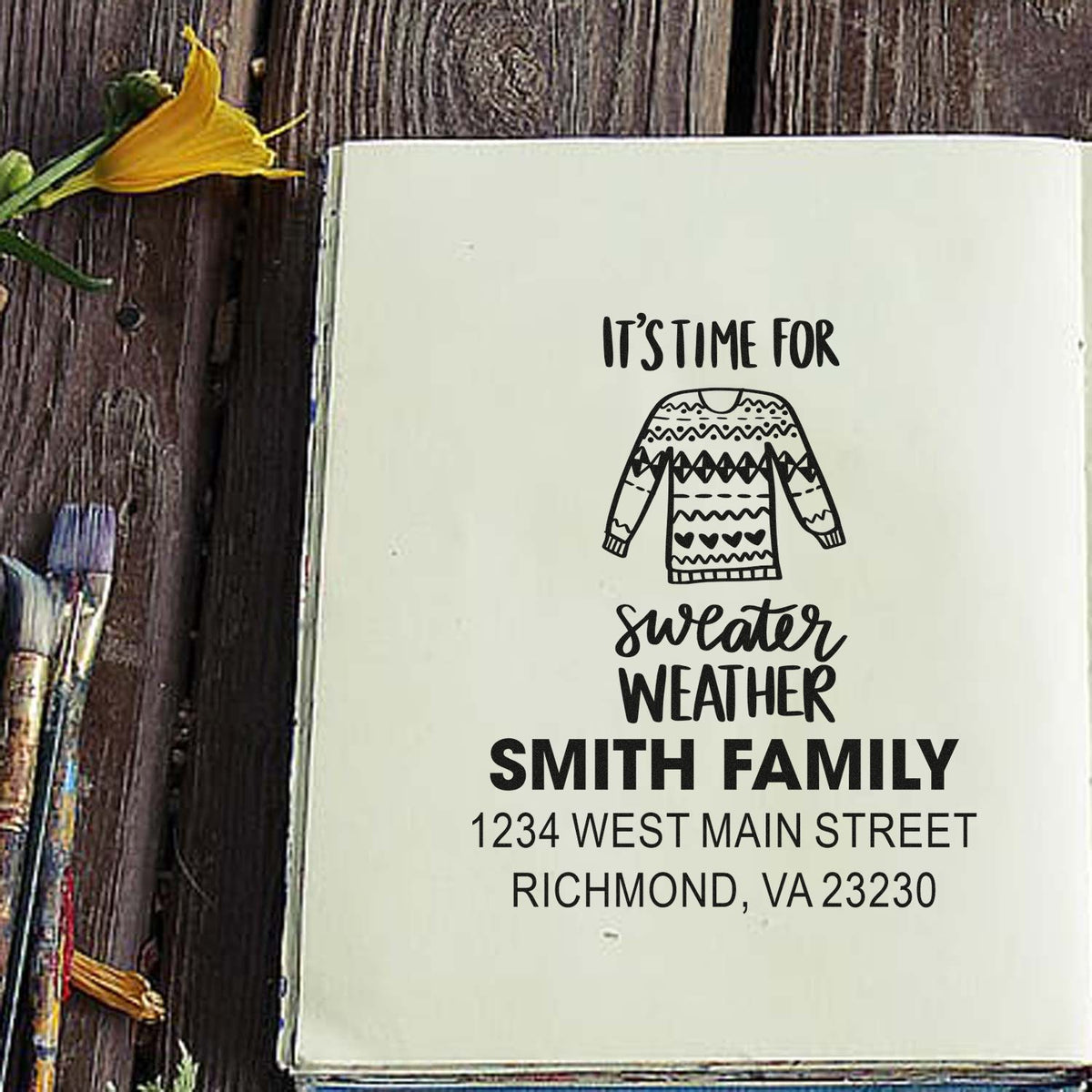 Personalized rubber address stamp with sweater weather sweater design for Smith Family, Richmond, VA.