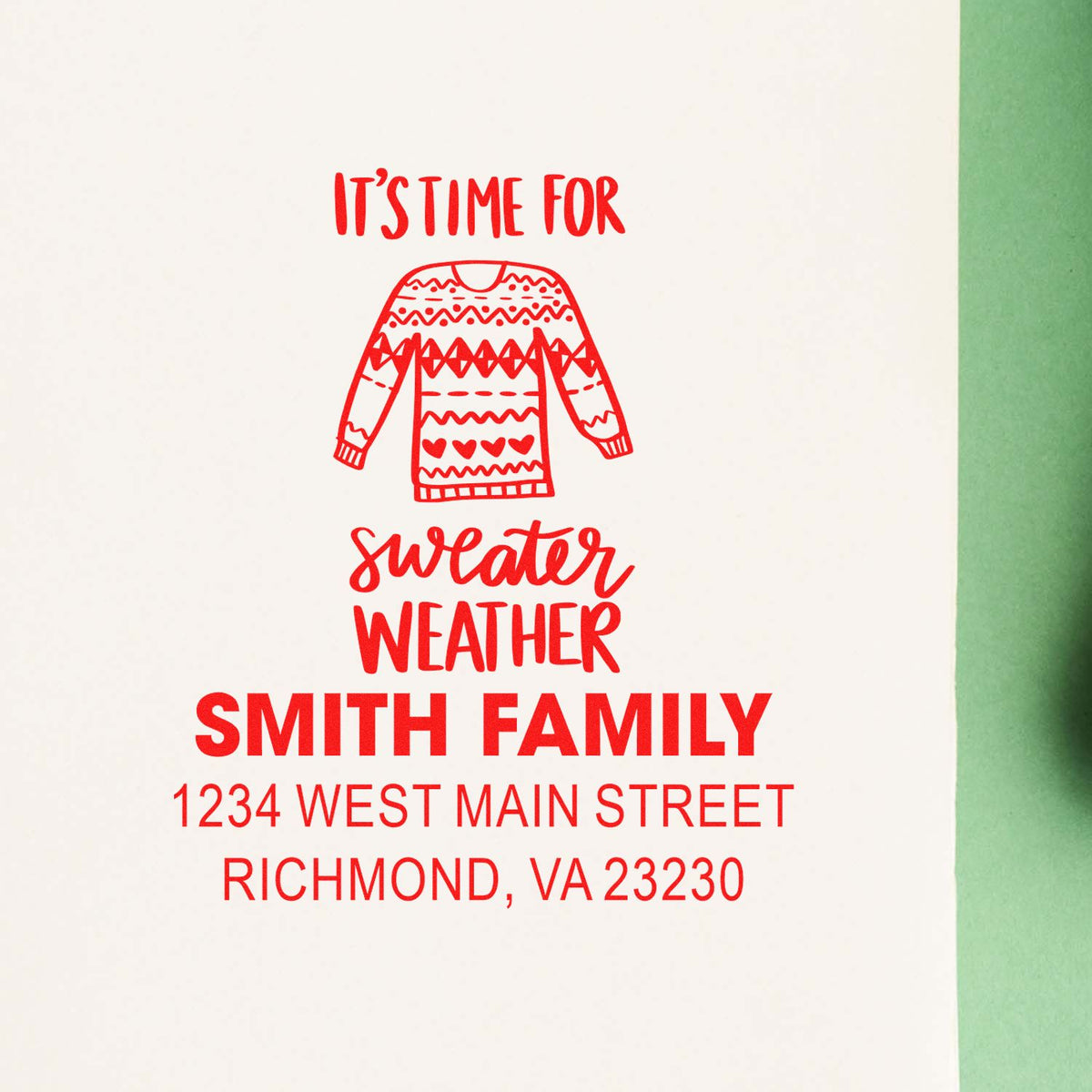 Custom rubber stamp with sweater weather design, Smith family address, for holiday cards, envelopes and winter mail.