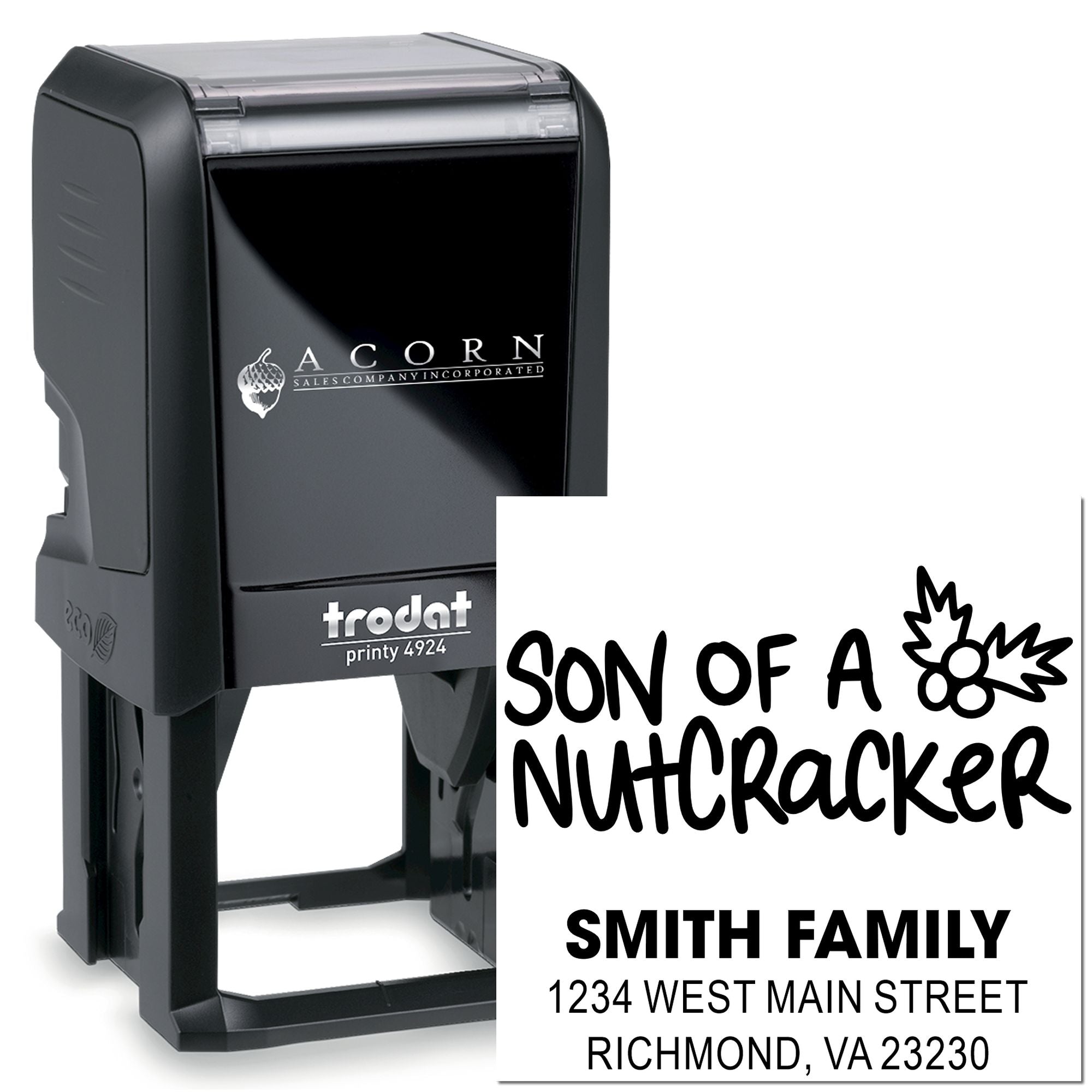 Custom self-inking rubber stamp with Son of a Nutcracker design and Smith family address for holiday mail.