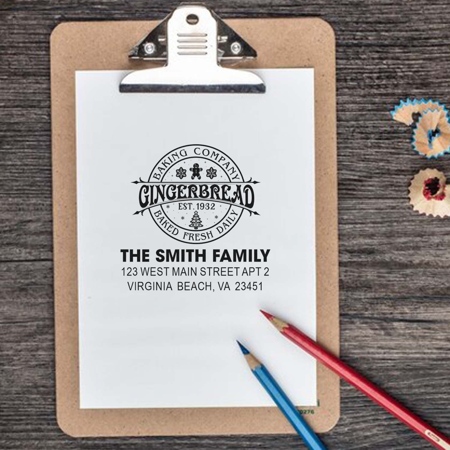 Custom address rubber stamp for Gingerbread Baking Company, featuring the Smith family name and return mailing address.