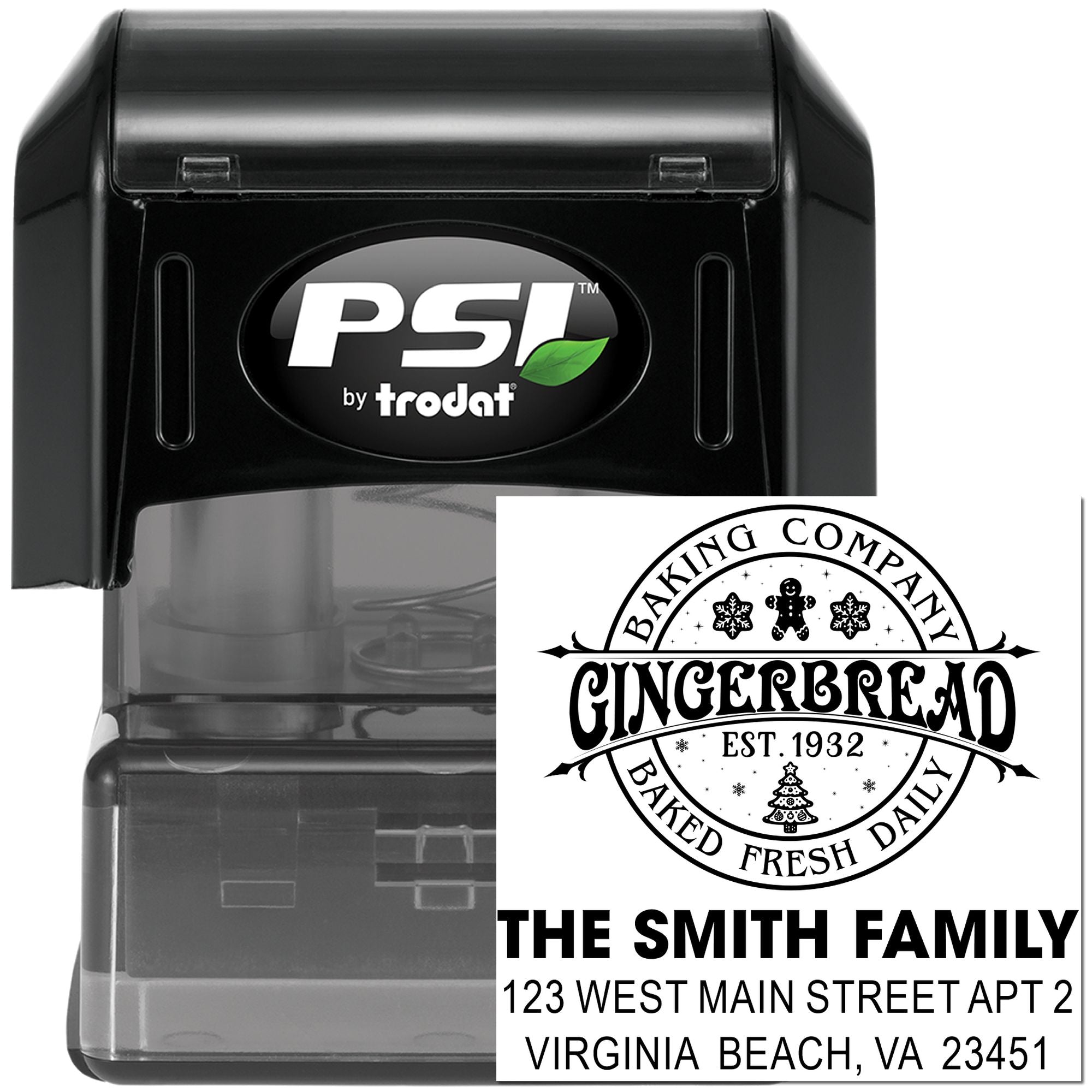 Custom self-inking PSI Trodat rubber stamp with personalized address and bakery-style family logo impression.