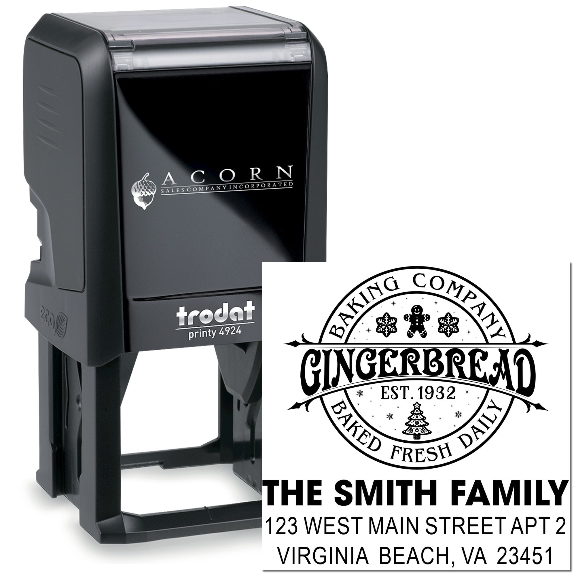 Trodat self-inking custom rubber stamp for business logos and return address use, shown with bakery branding.