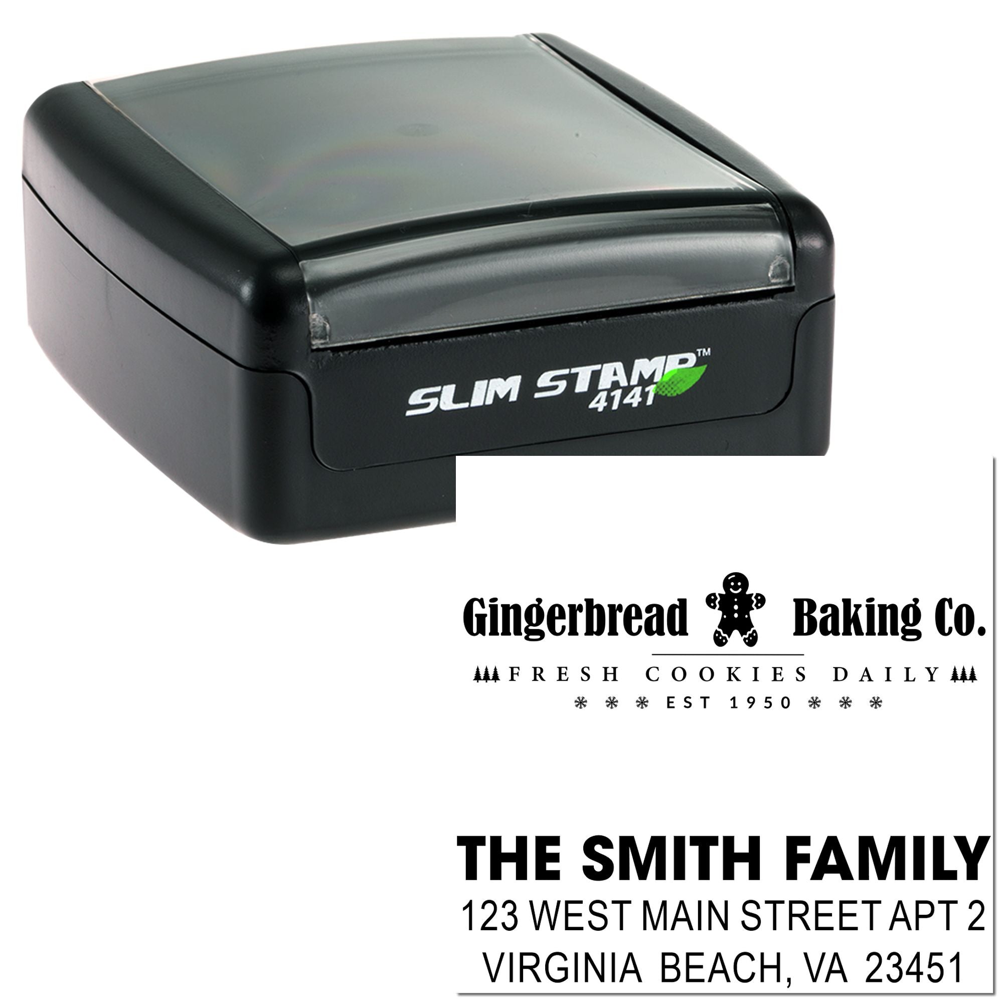 Slim Stamp 4141 custom rubber stamp maker with bakery logo and address stamp examples for personalized business and family stamping.