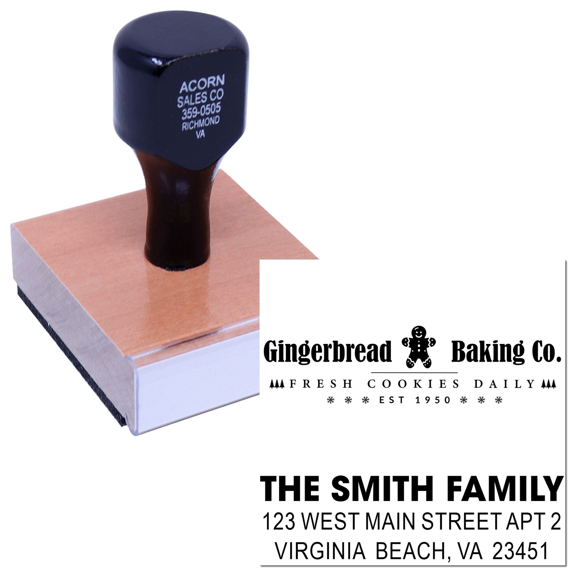 Custom rubber stamp showcasing business logo, bakery branding, and family address stamp examples.