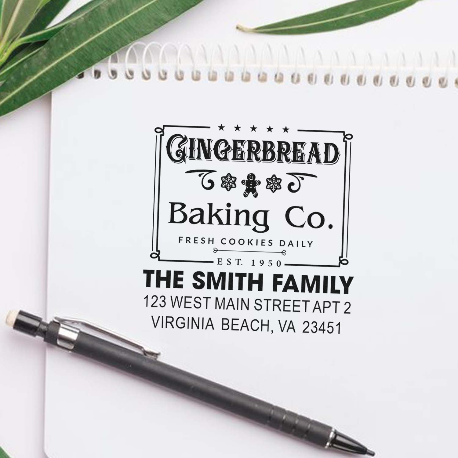 Custom bakery rubber stamp with Gingerbread Baking Co. logo, Smith family name, and return address.
