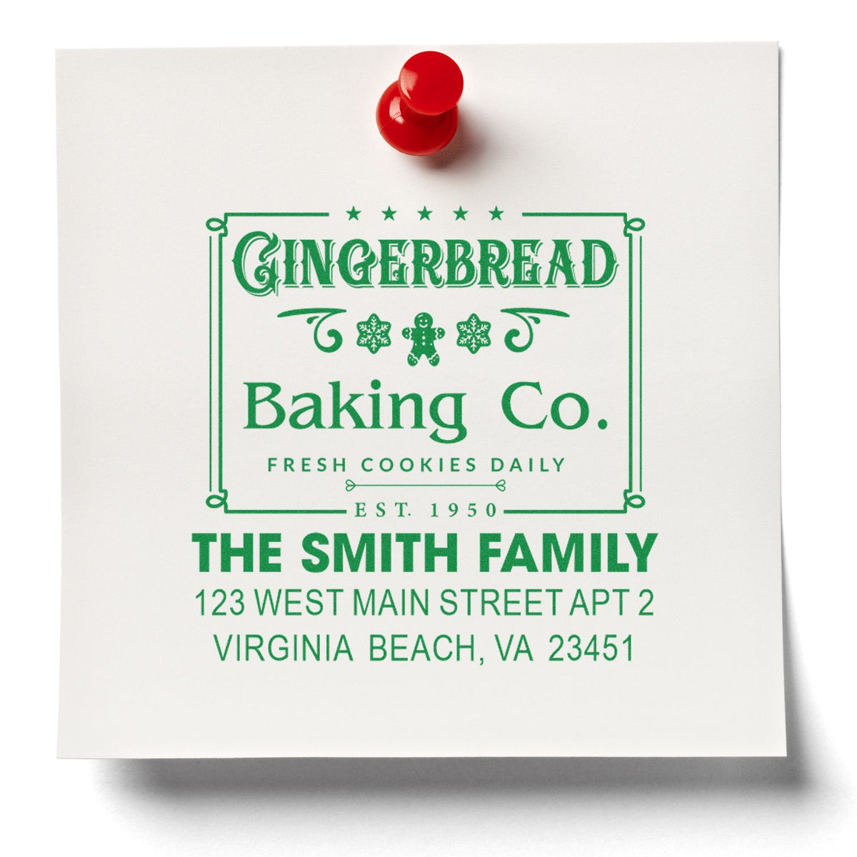Custom rubber stamp impression for Gingerbread Baking Co. return address stamp with festive holiday bakery logo and address.