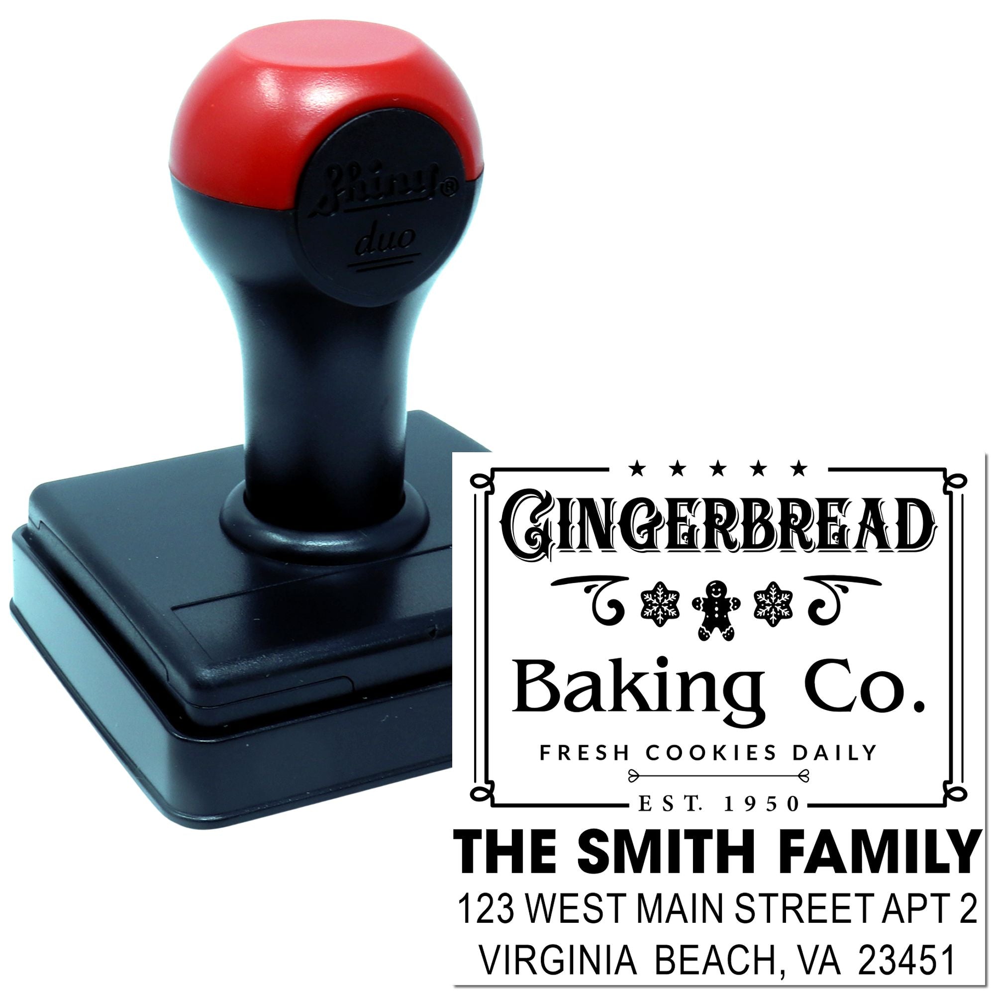 Personalized self-inking rubber stamp for Gingerbread Baking Co. with The Smith Family name, address, and bakery logo.