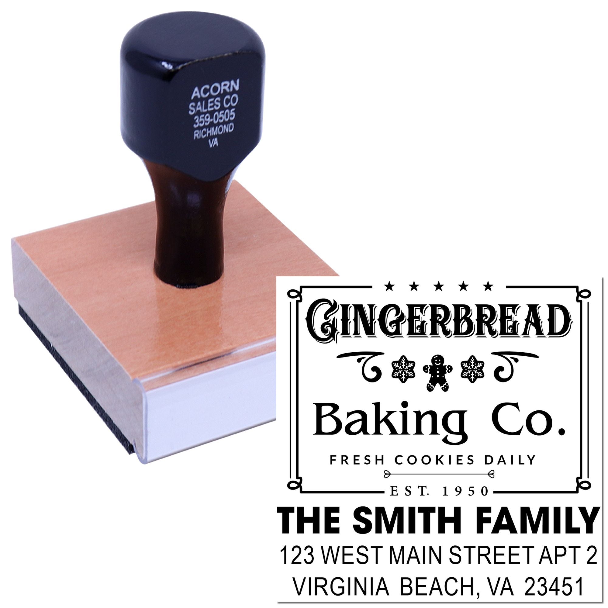 Custom rubber stamp for bakery branding featuring Gingerbread Baking Co. family name and address imprint.