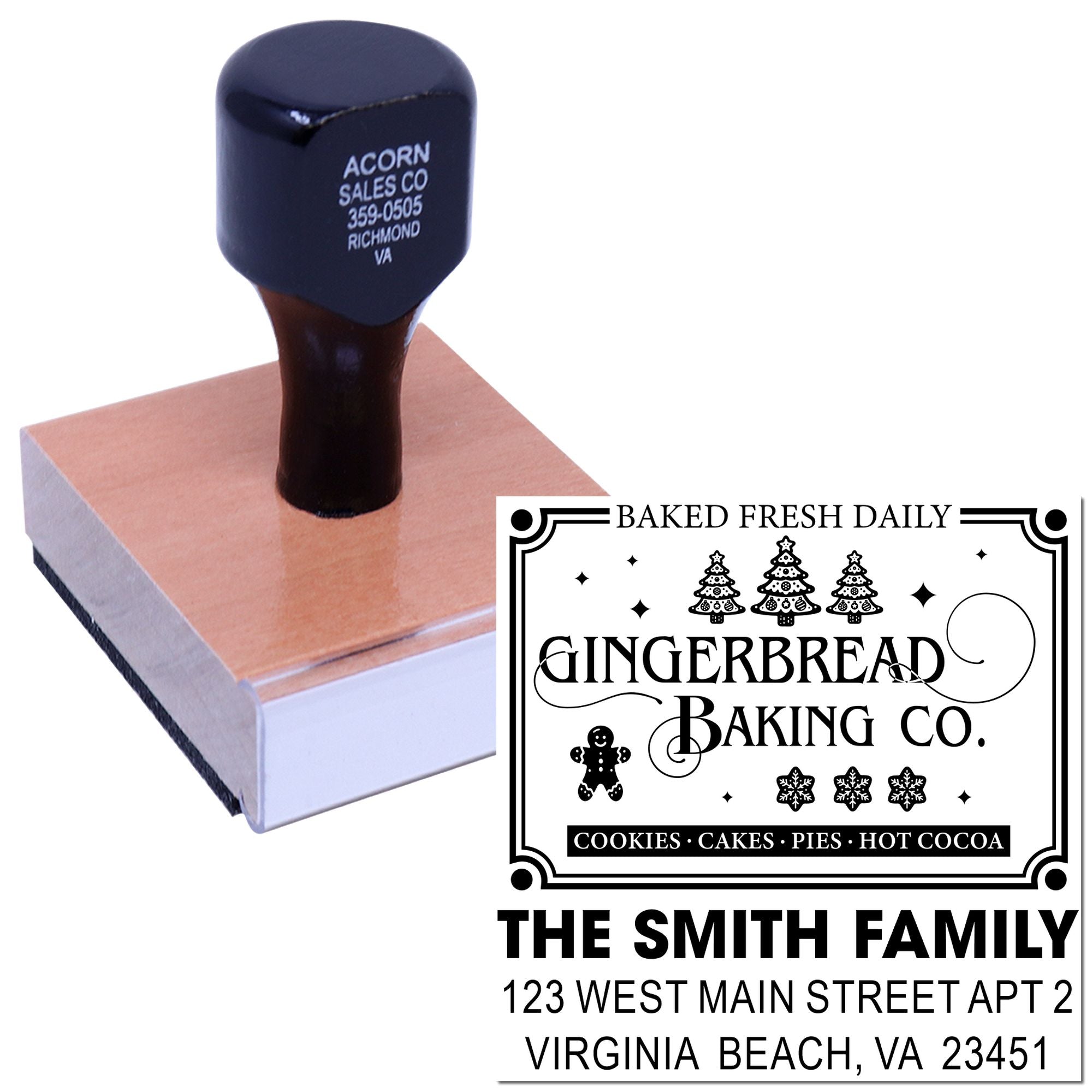 Custom address rubber stamp for bakery branding, with holiday gingerbread logo and family name imprint sample.