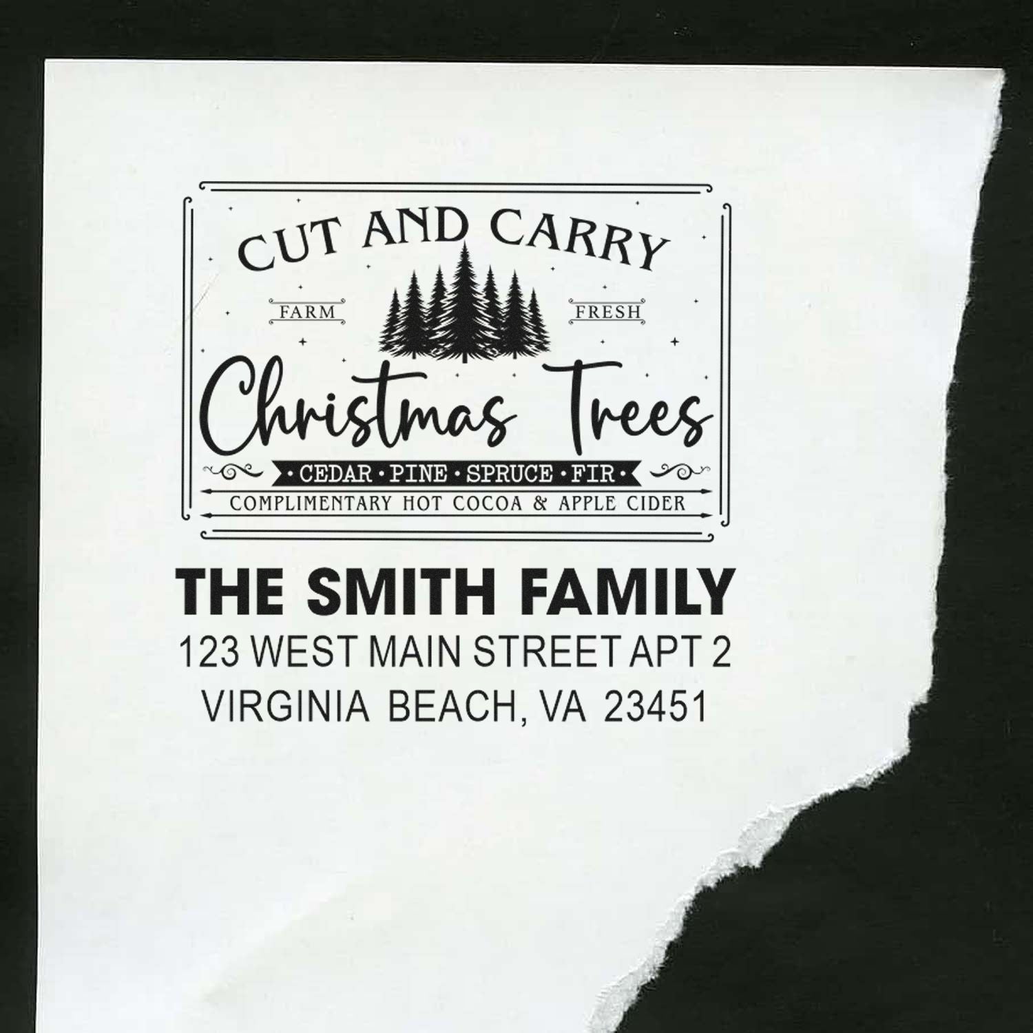 Custom rubber stamp for Christmas tree farm, featuring Cut and Carry Christmas Trees and Smith family address.