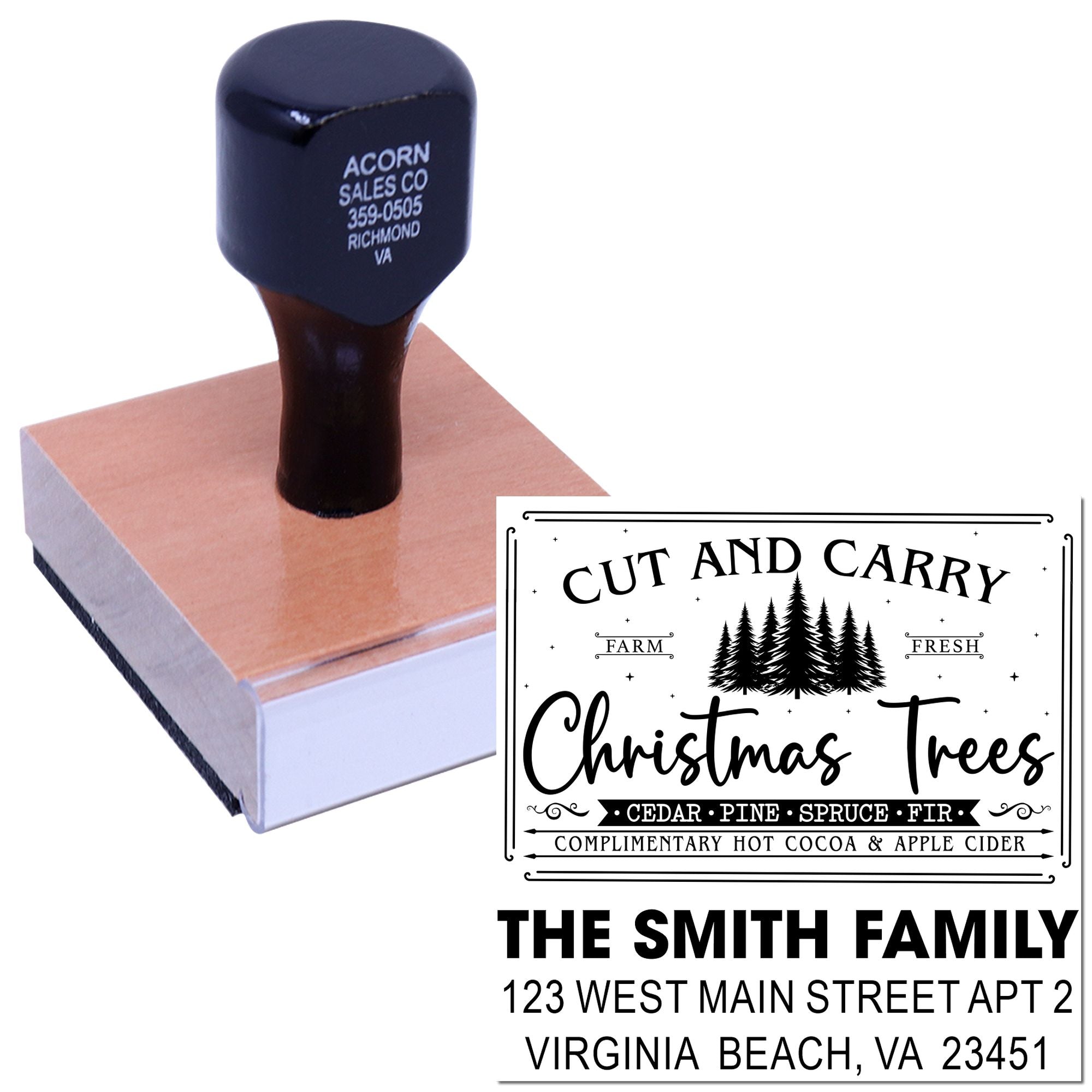 Custom rubber stamp for Christmas tree farm branding and return address use, featuring the Cut and Carry Christmas Trees design.