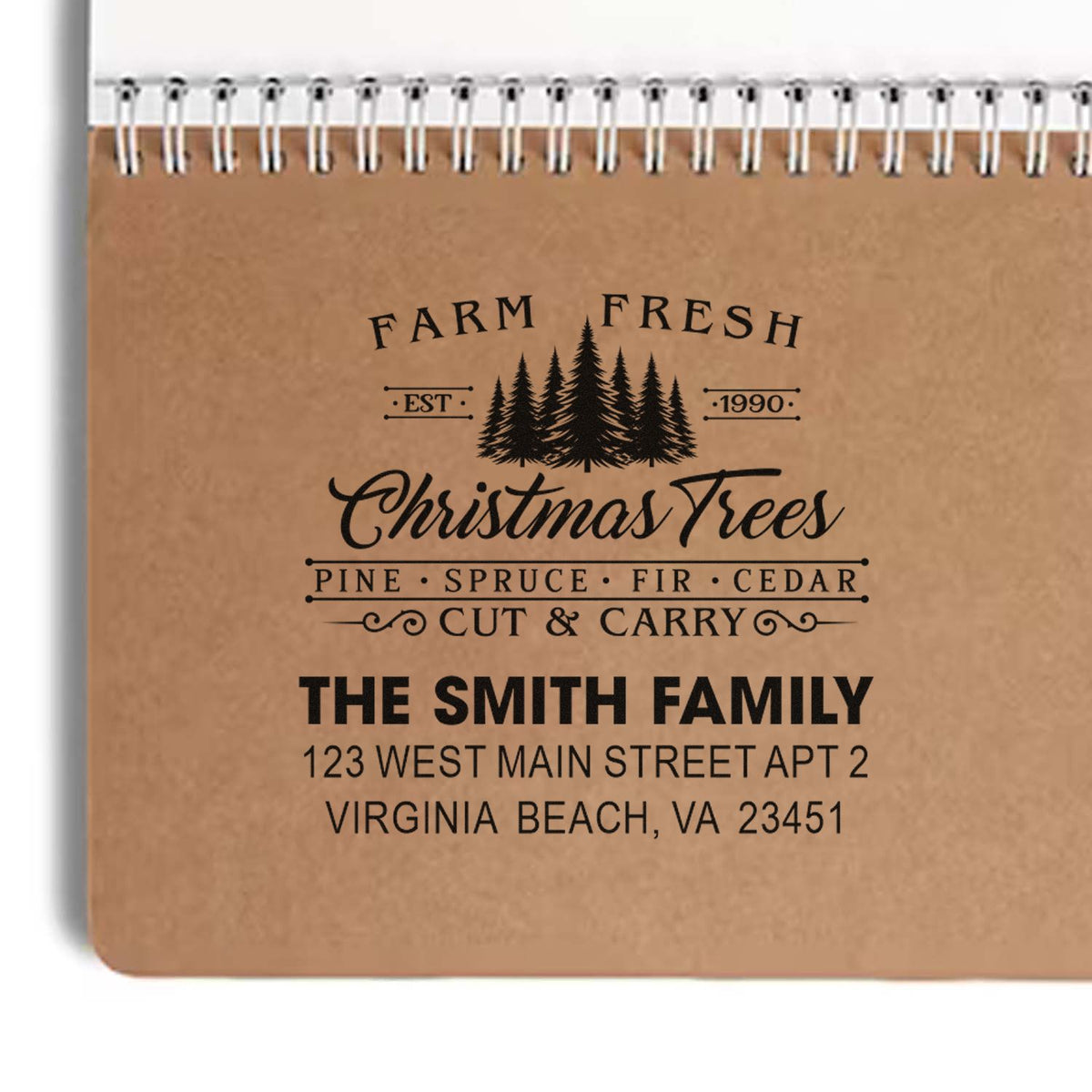 Custom Christmas tree return address rubber stamp for The Smith Family, with farmhouse holiday logo and address.