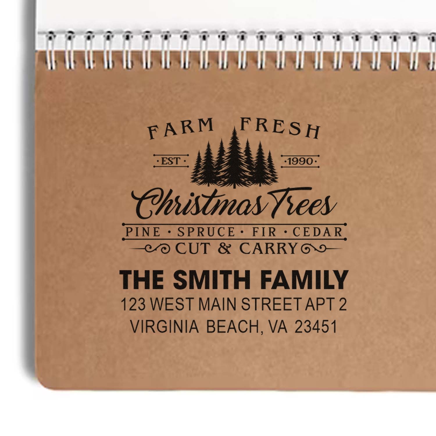 Custom Christmas tree rubber stamp with family name, return address, and farmhouse holiday design