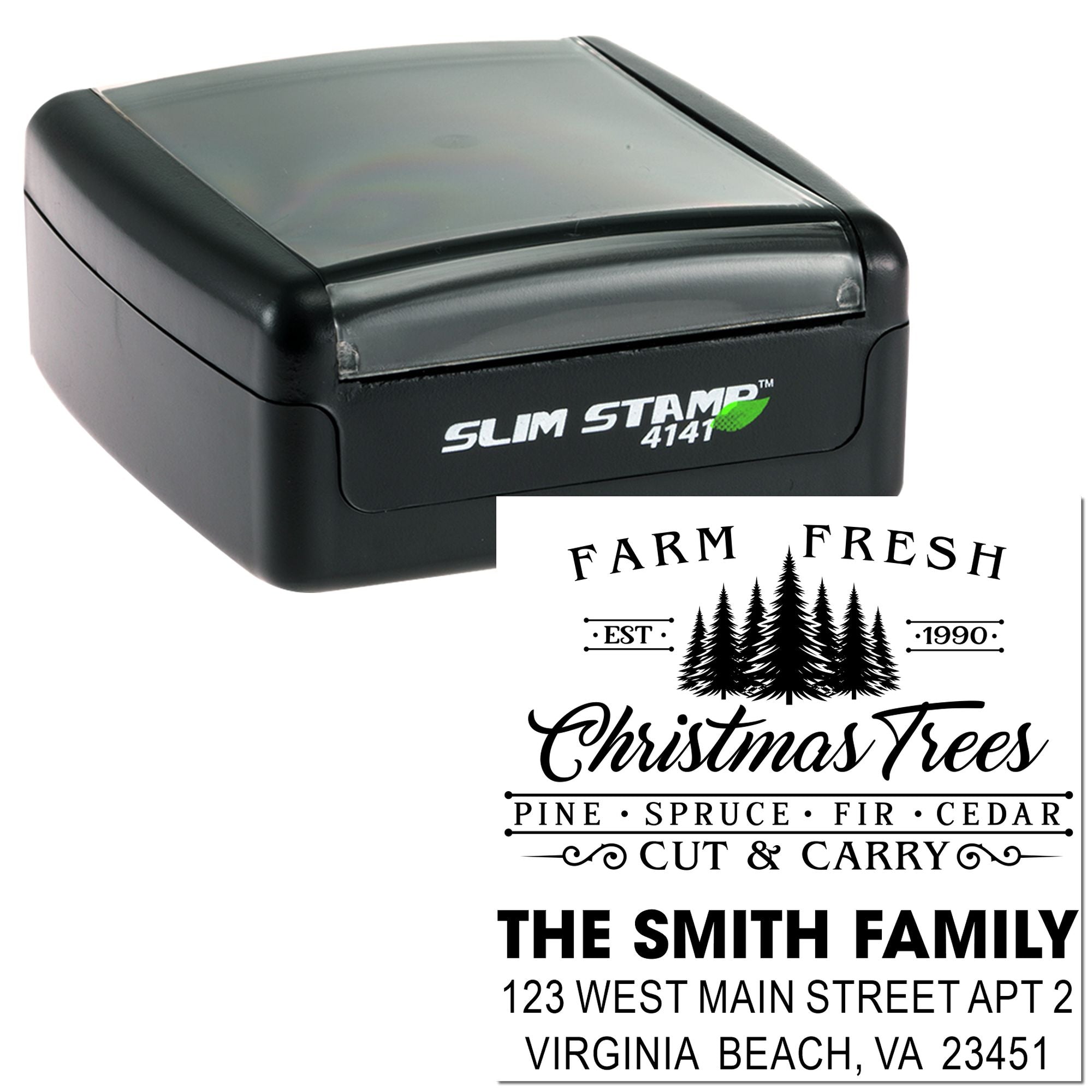 Slim rubber stamp with custom Farm Fresh Christmas Trees design and personalized family address imprint for holiday packaging.