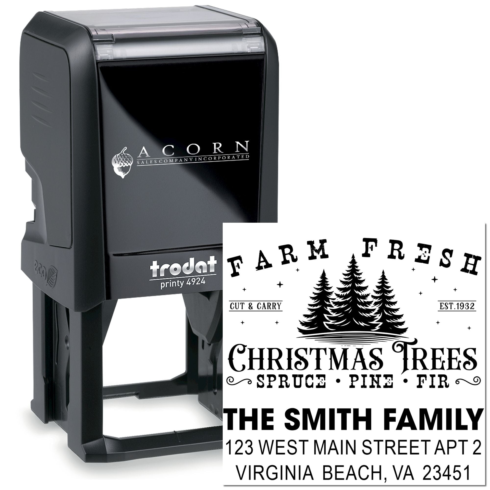 Custom self-inking rubber stamp with personalized address design, ideal for family names, business packaging, and mailing labels.