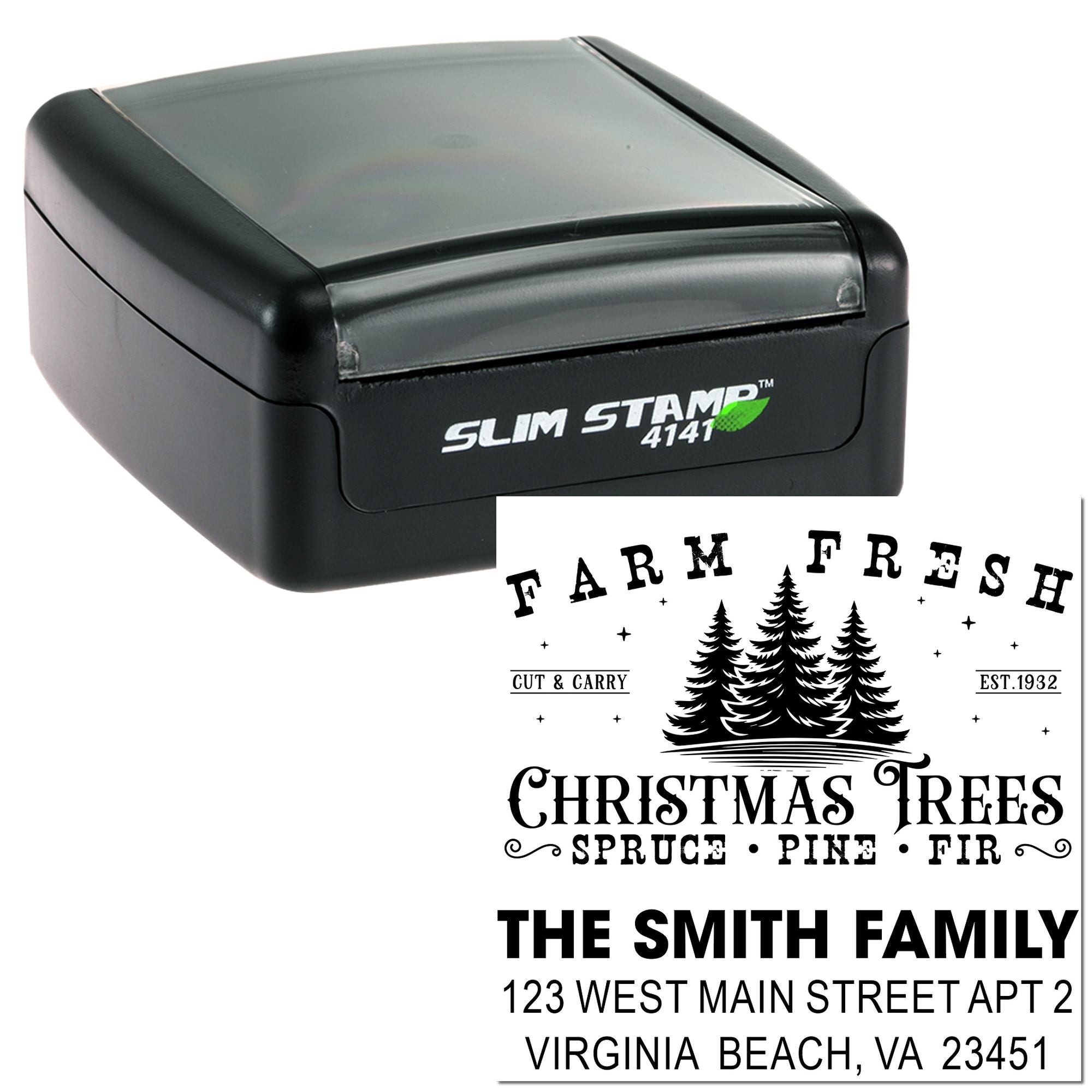 Custom self-inking rubber address stamp with farm fresh Christmas trees design for holiday mail and return addressing.
