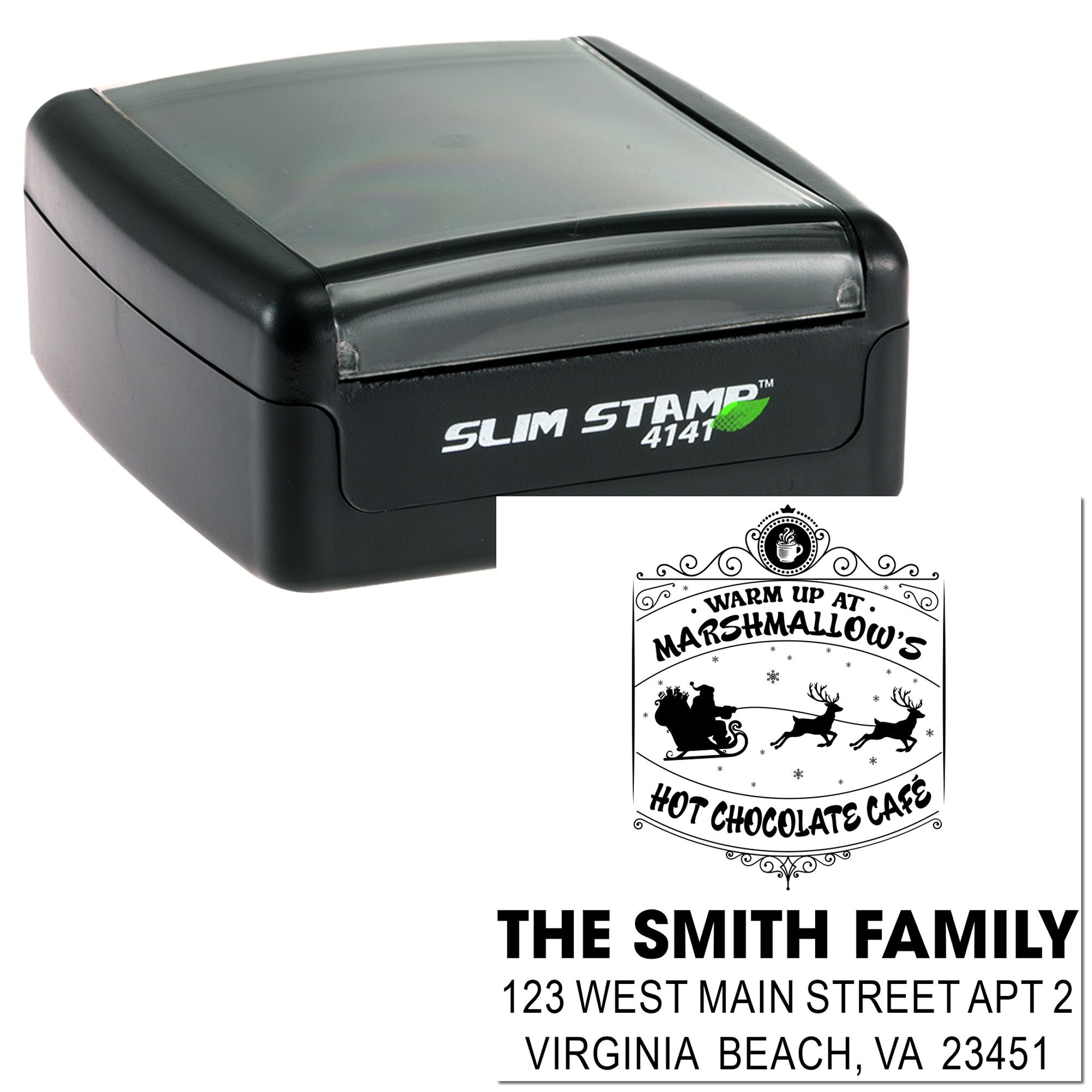 Custom self-inking rubber stamp with personalized address and holiday hot chocolate caf design for family mailings.
