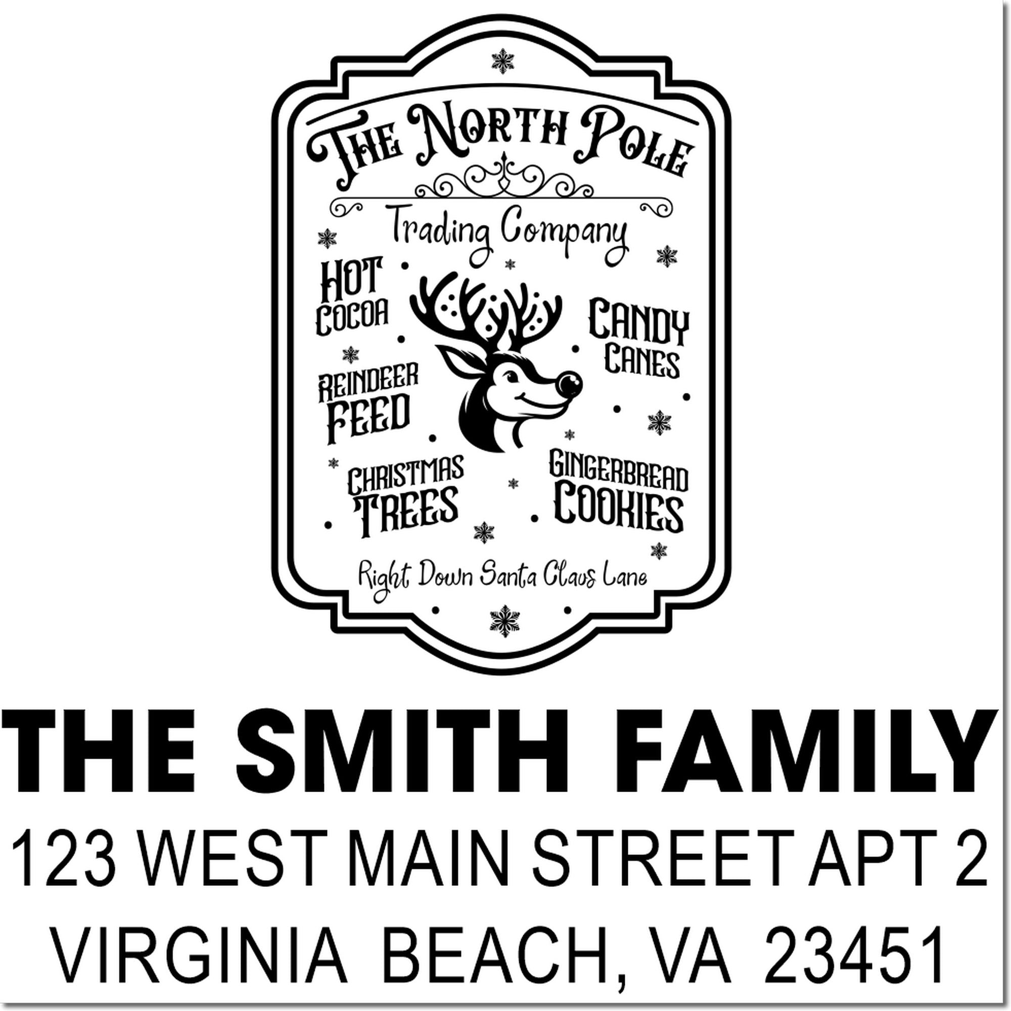 Custom Christmas return address stamp for The Smith Family, Virginia Beach, VA, with North Pole Trading Company holiday design.