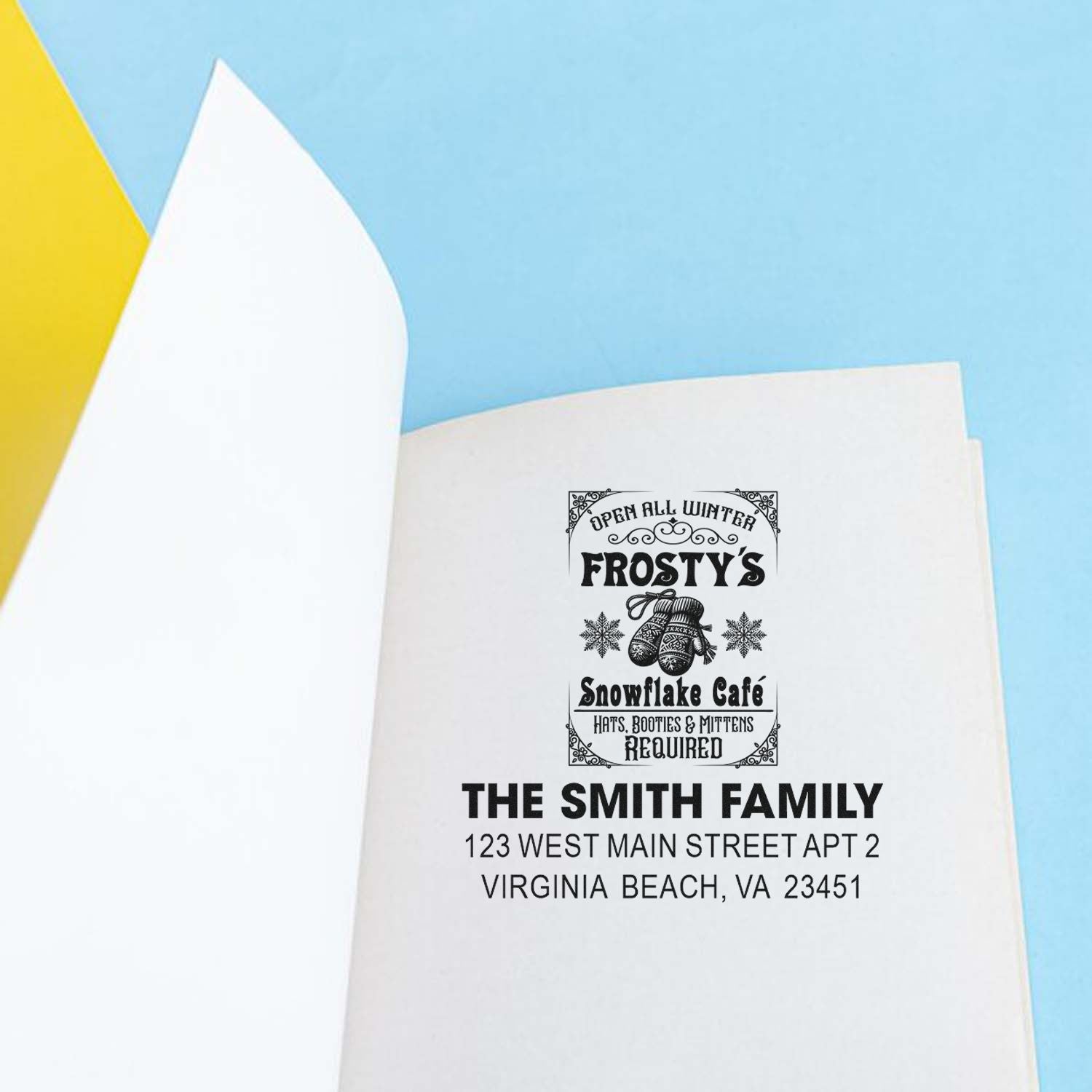 Personalized winter return address rubber stamp on envelope with holiday Open All Winter design for The Smith Family.