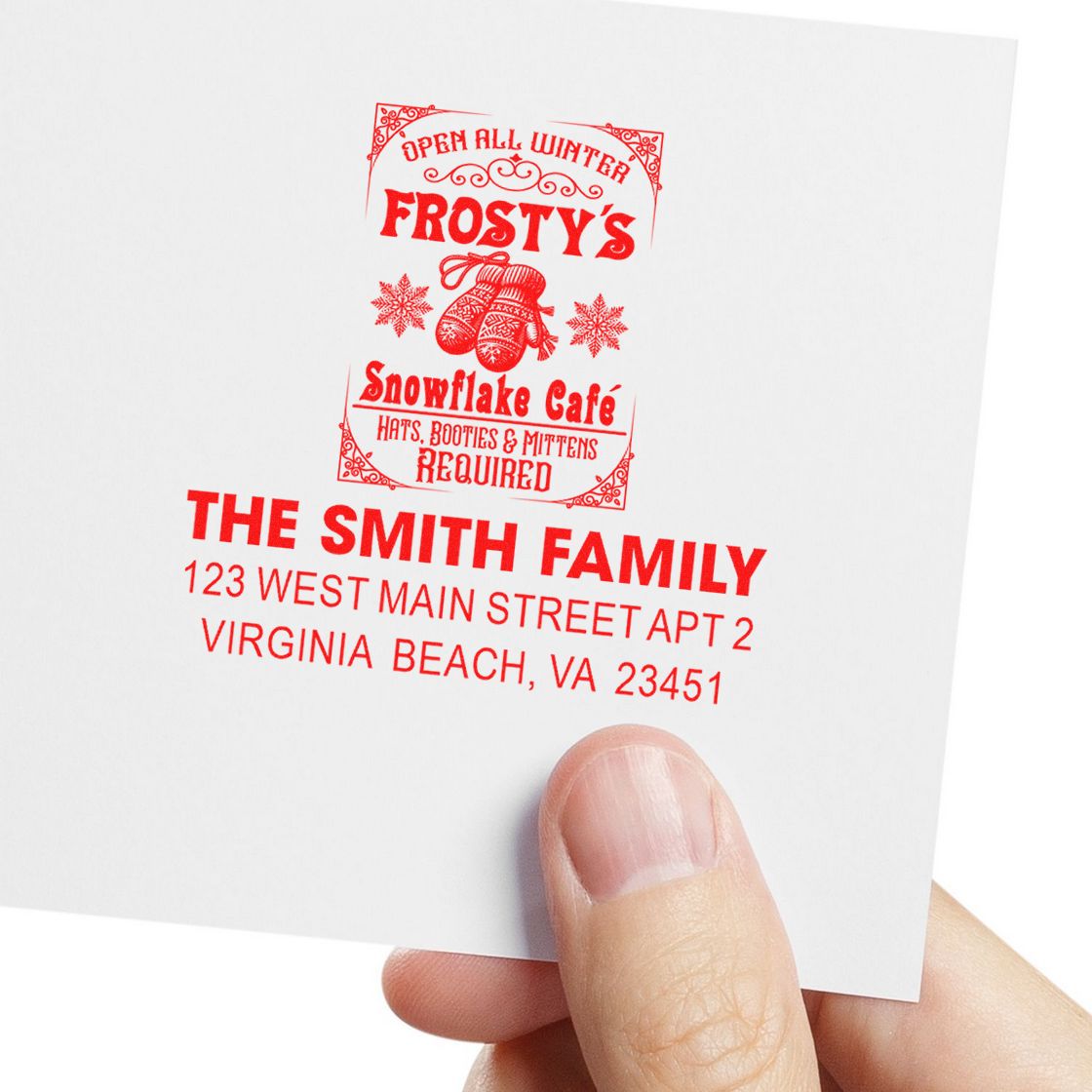 Custom holiday return address rubber stamp for The Smith Family with Frostys Snowflake Caf winter design and Virginia Beach address.