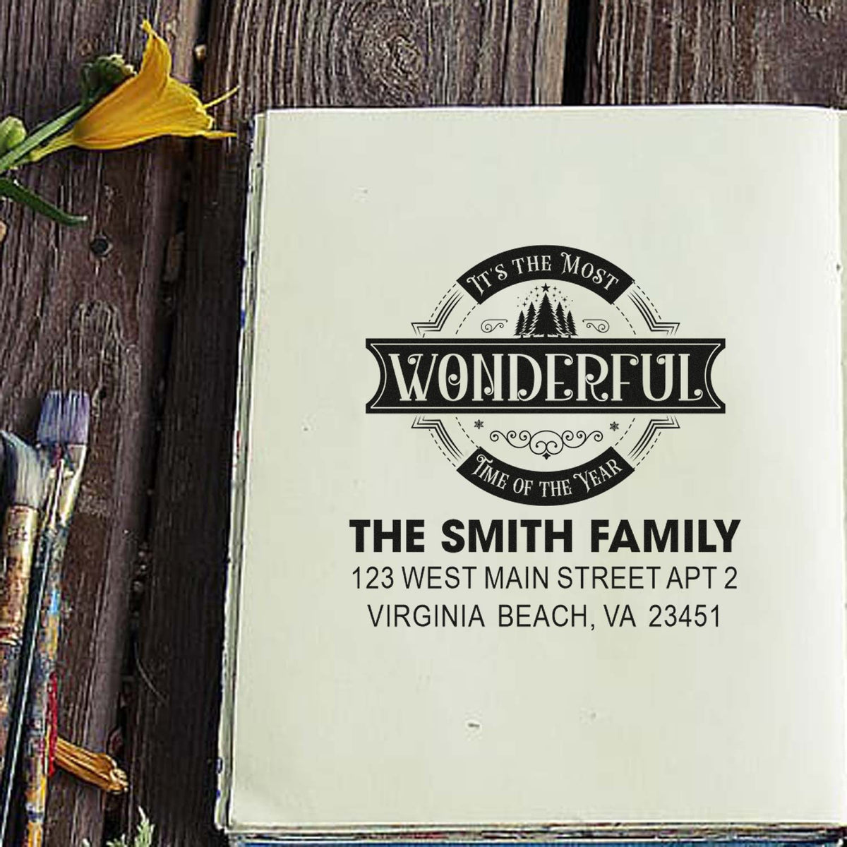 Personalized holiday return address rubber stamp for Christmas cards, featuring Its the Most Wonderful Time of the Year design.
