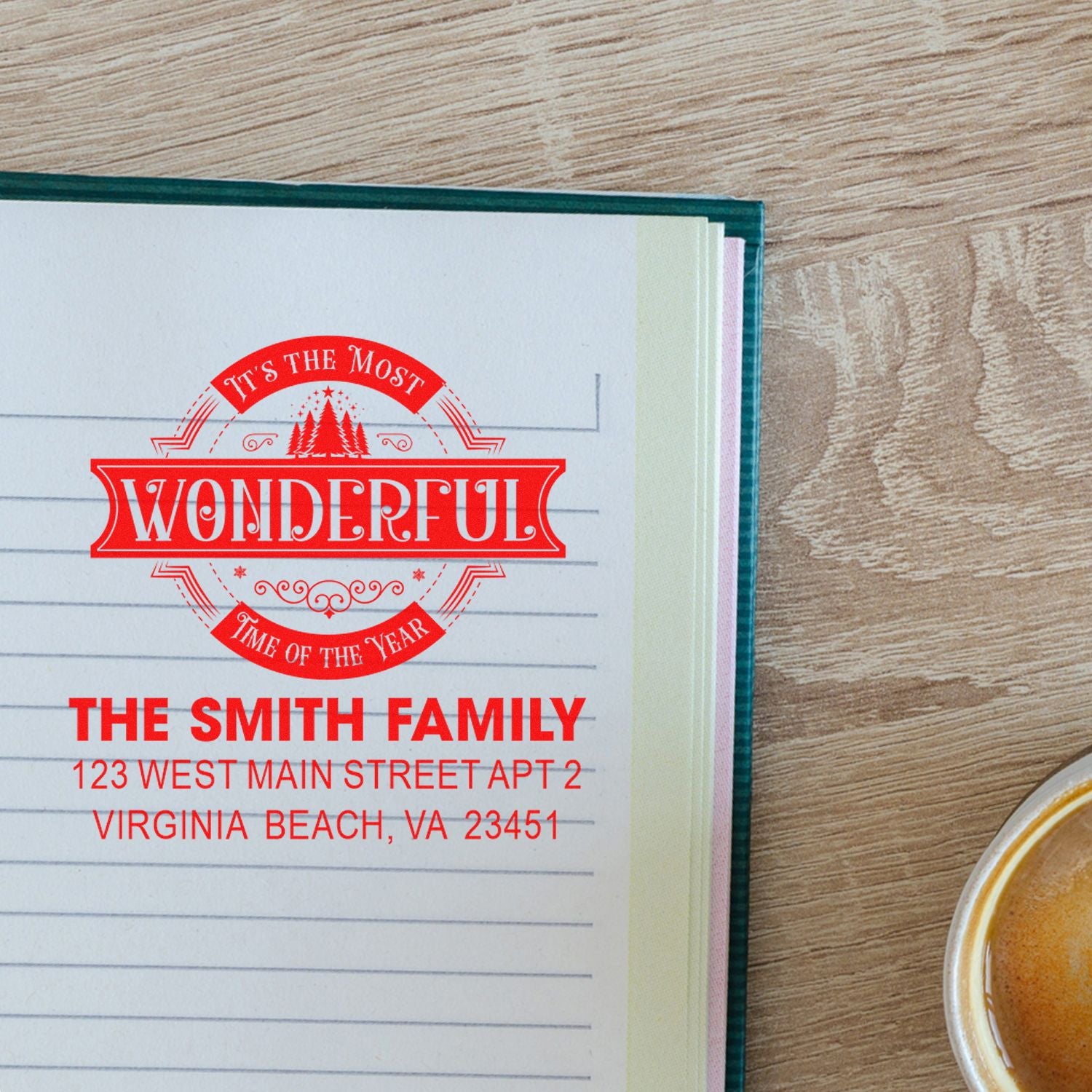Custom holiday return address rubber stamp for The Smith Family with Its the Most Wonderful Time of the Year design.