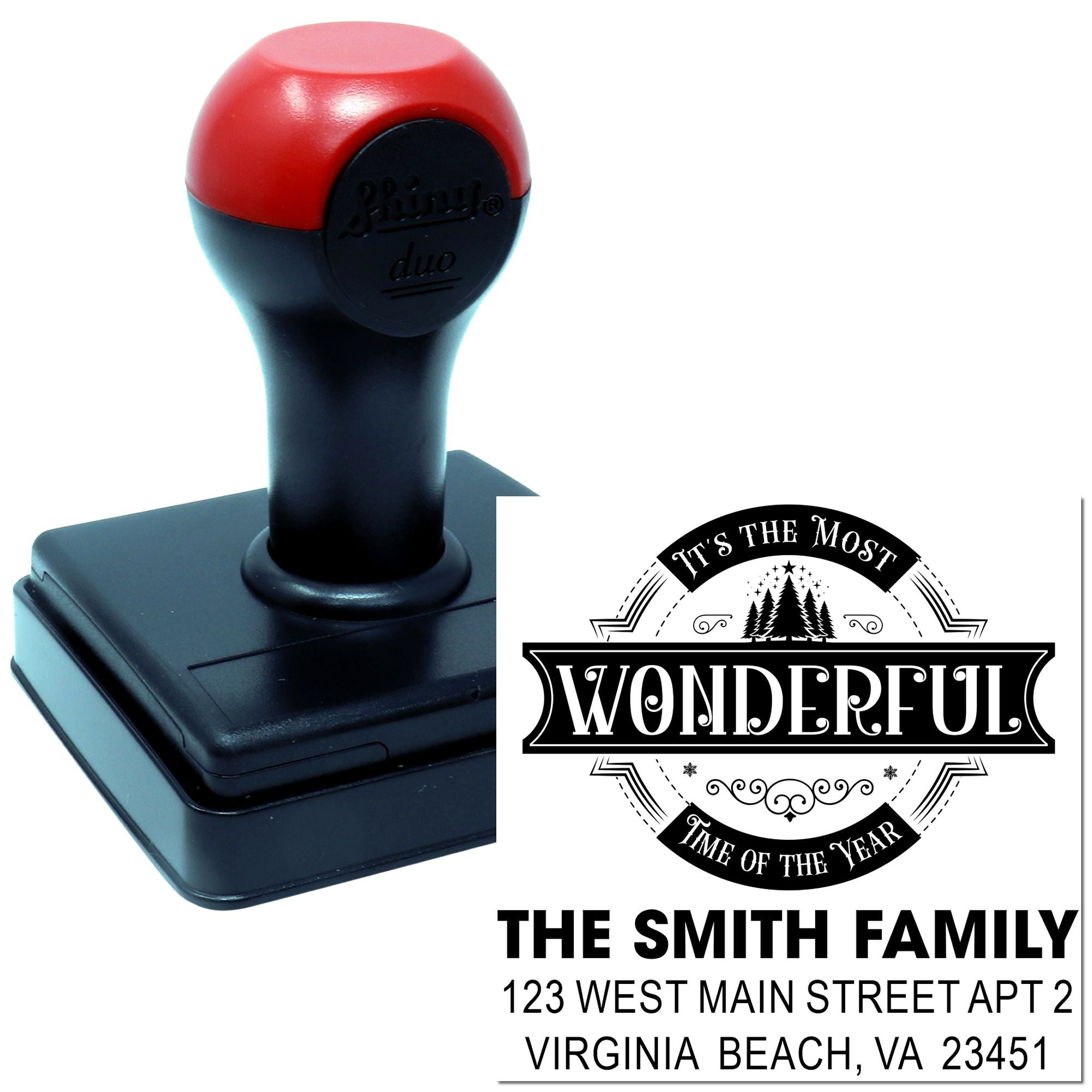 Custom self-inking rubber stamp with Wonderful family address design for personalized mail, cards, and holiday packaging.