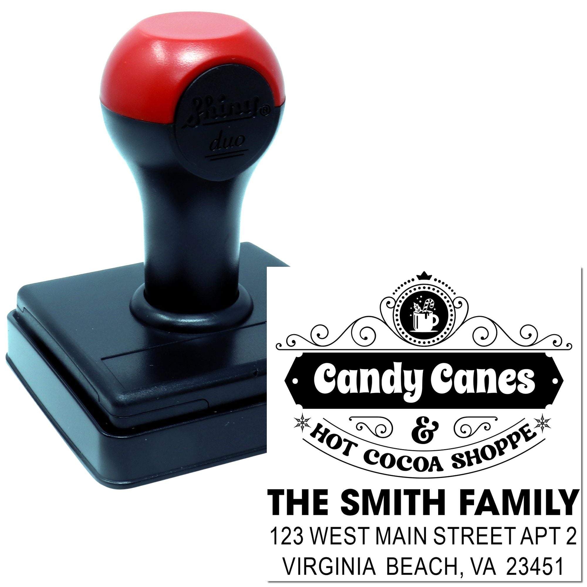 Custom self-inking rubber stamp for holiday shop branding and personalized return addresses, shown with Candy Canes & Hot Cocoa Shoppe design.