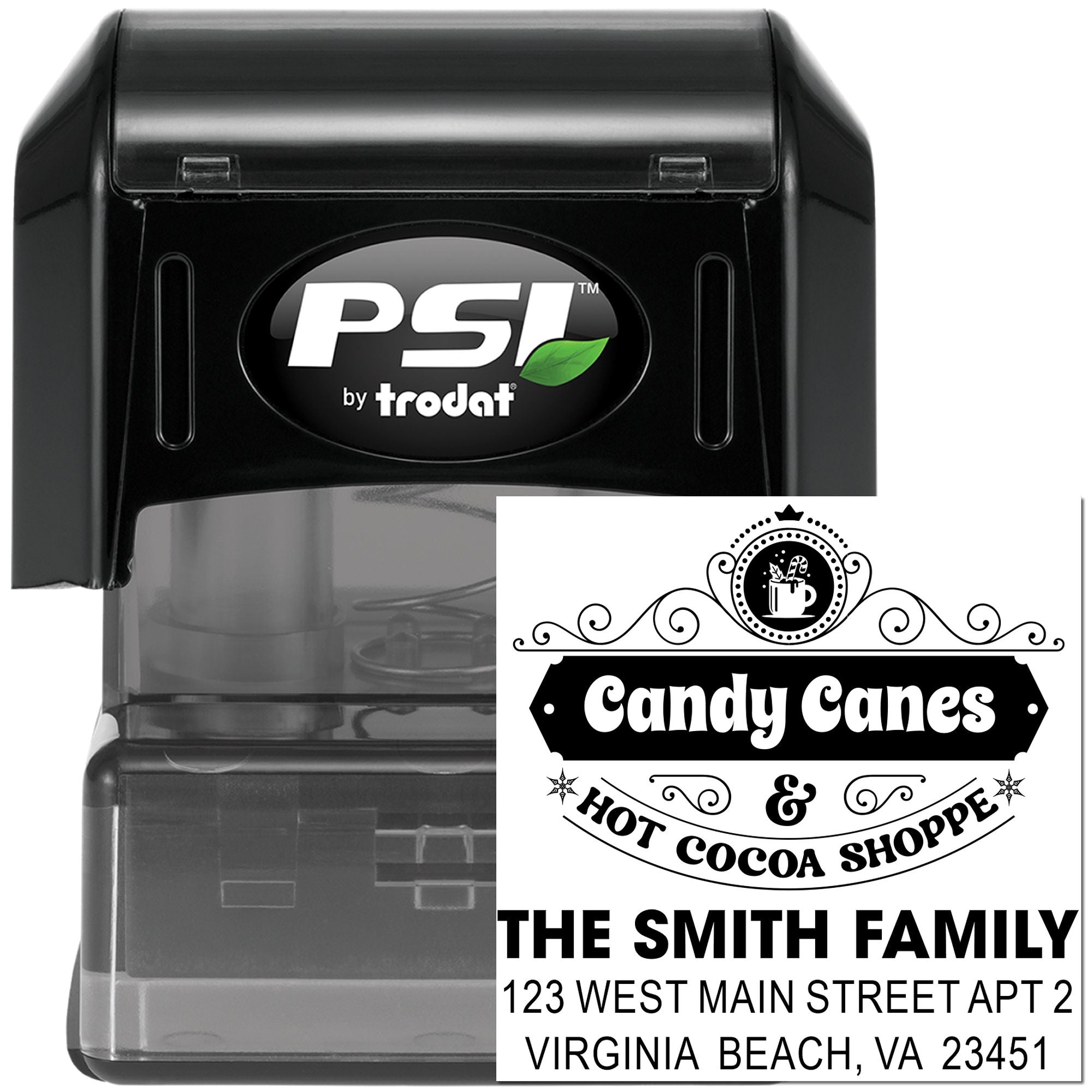 Custom self-inking rubber address stamp by PSI/Trodat with holiday shop design for Candy Canes & Hot Cocoa Shoppe.
