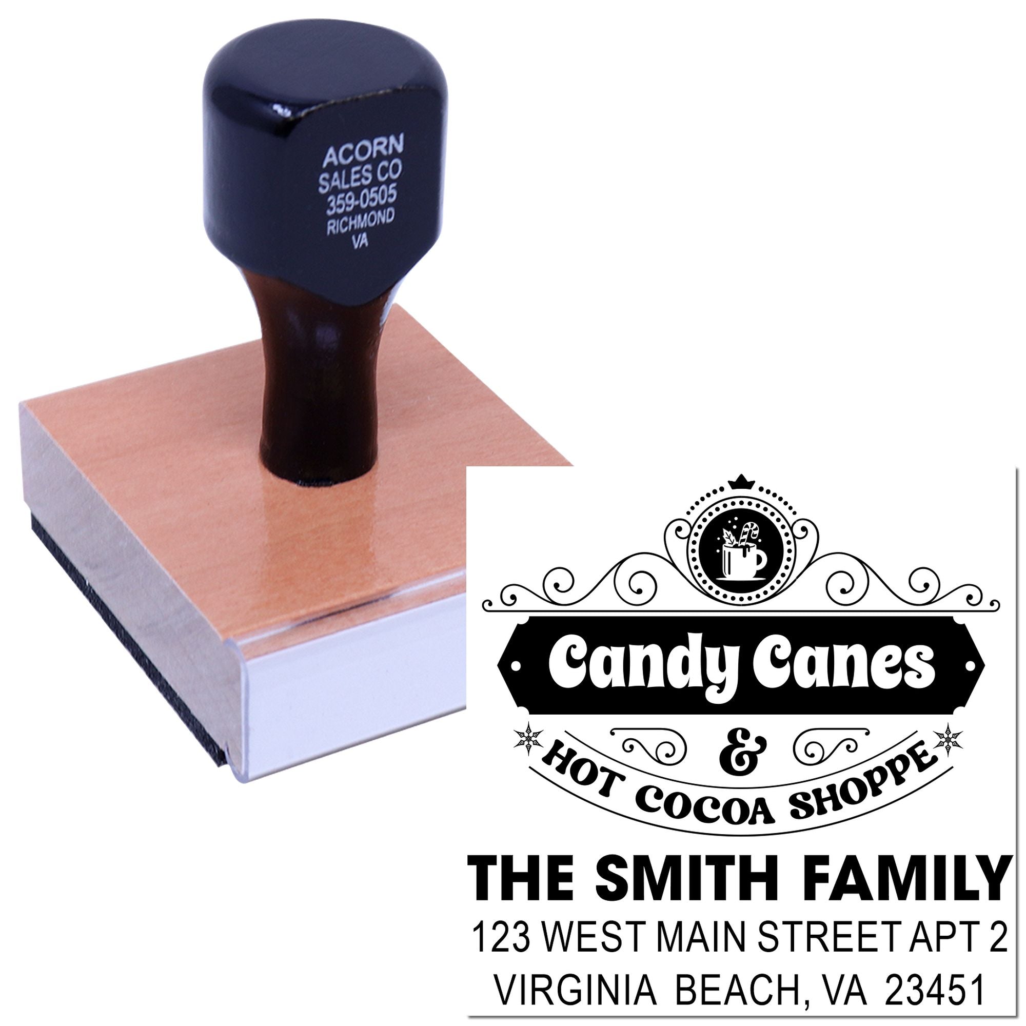 Custom self-inking rubber stamp for holiday branding, featuring Candy Canes & Hot Cocoa Shoppe and personalized return address imprint