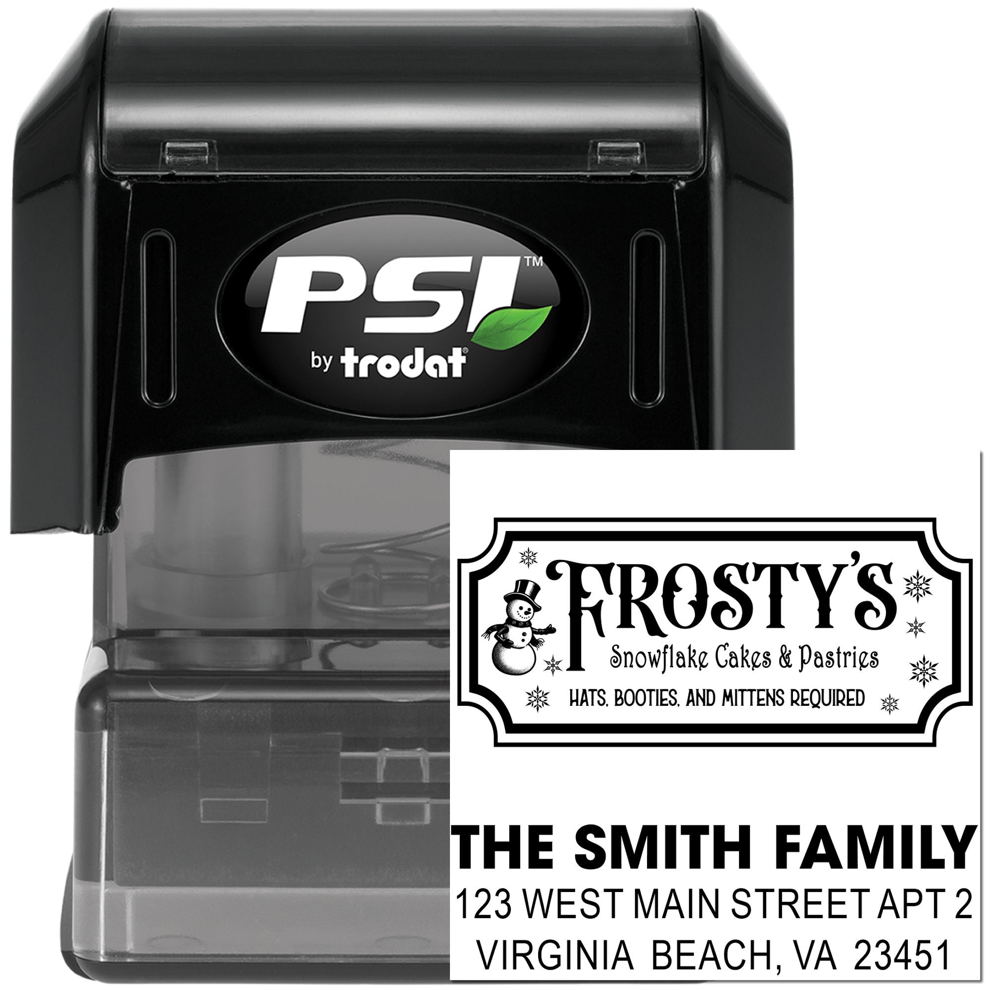 PSI by Trodat self-inking rubber stamp with custom address and business stamp examples for personalized branding.