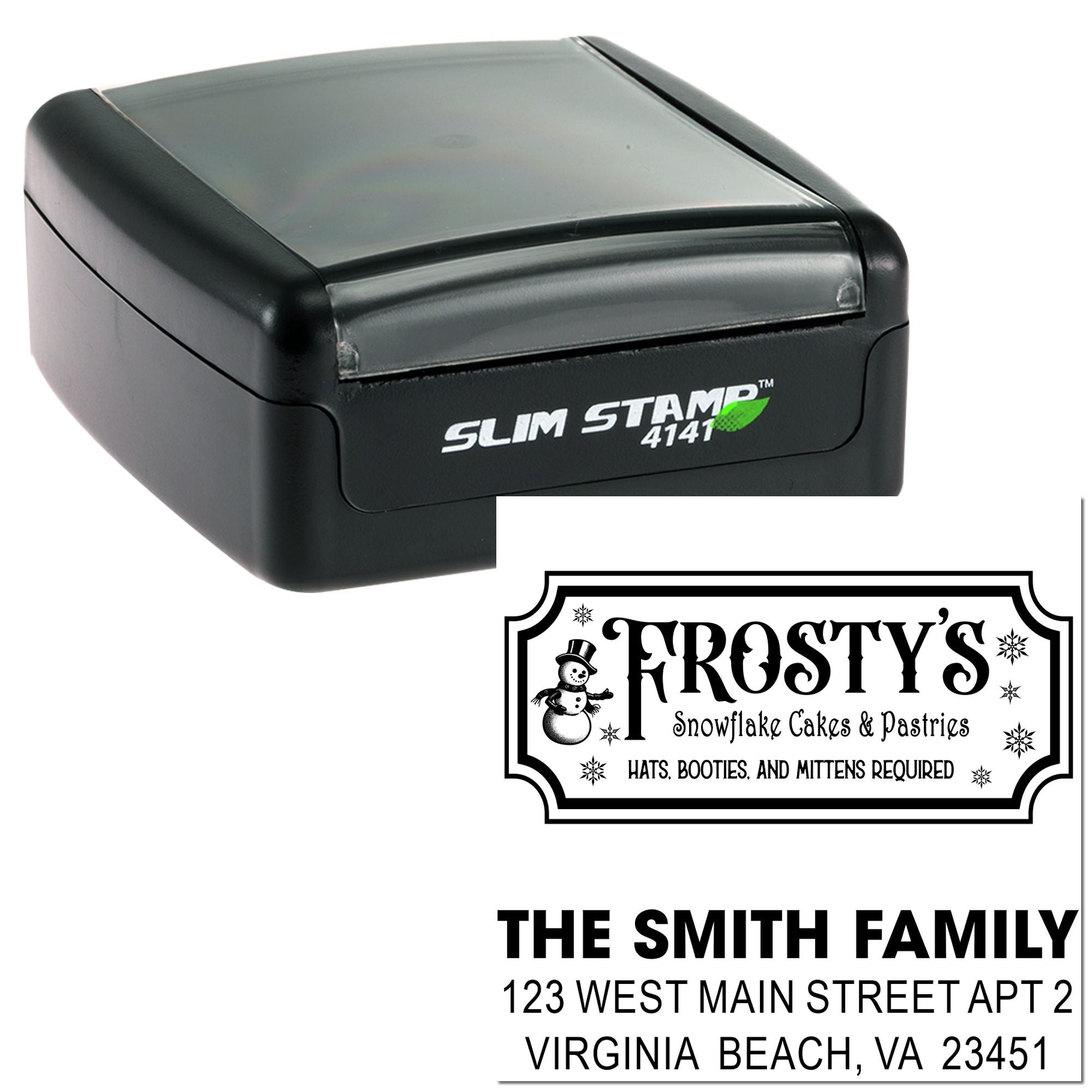 Slim Stamp 4141 self-inking rubber stamp with custom logo, address, and holiday business stamp examples for branding.