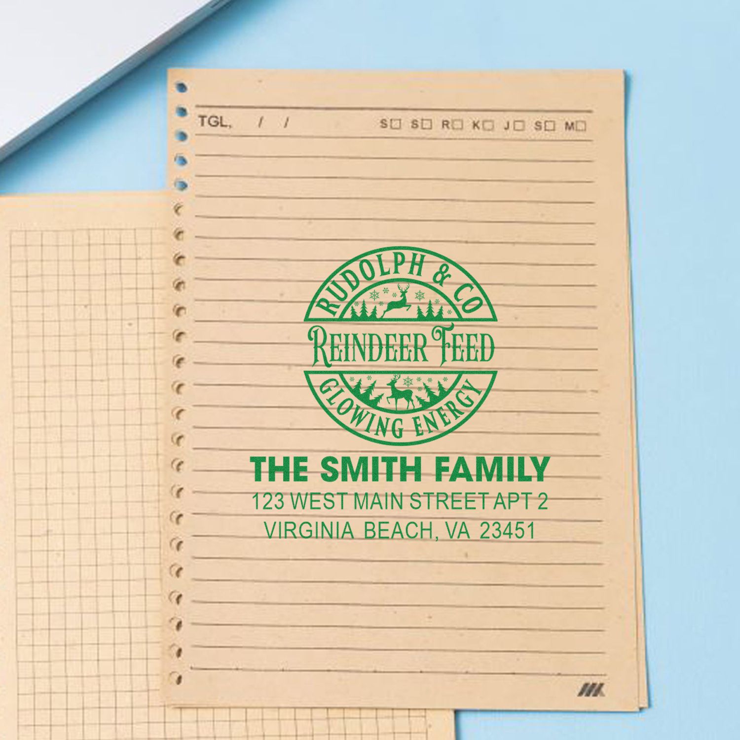 Custom rubber stamp return address with Reindeer Feed holiday design for The Smith Family, Virginia Beach, VA.