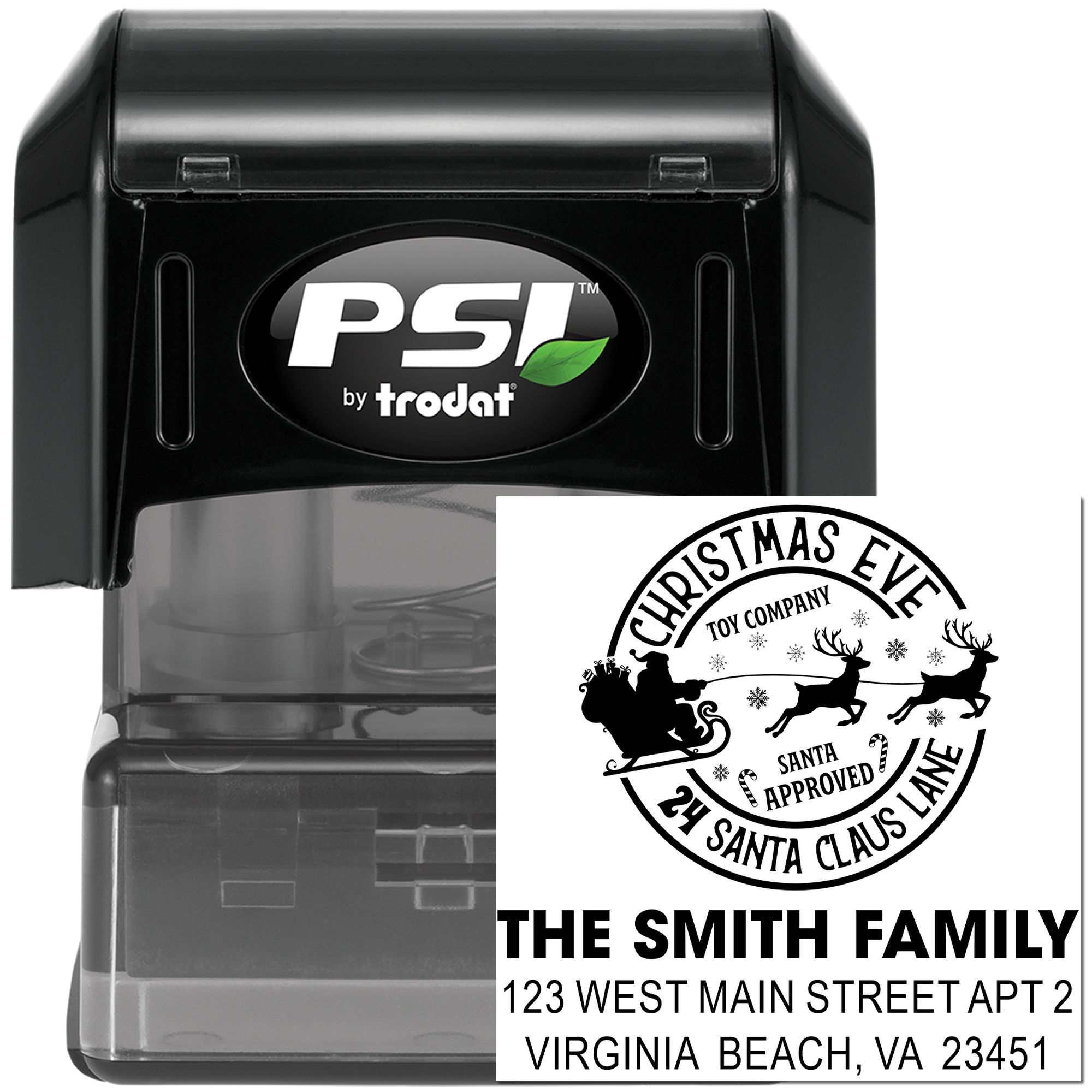 Custom Christmas address rubber stamp, self-inking PSI by Trodat, with Santa-approved return address design for holiday mail.